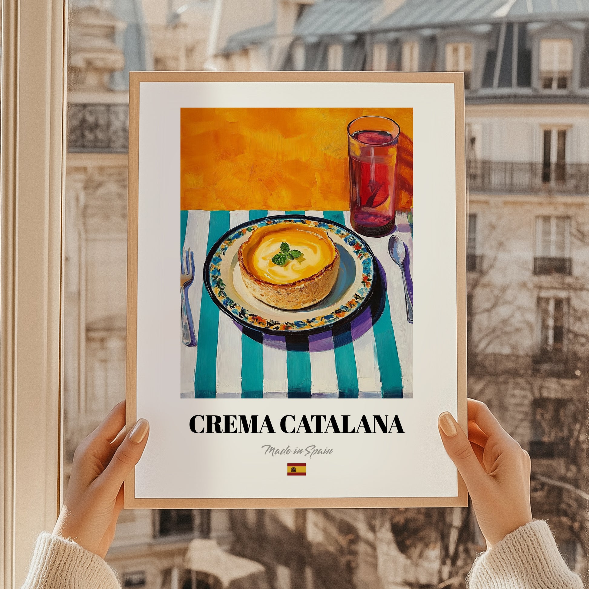 Crema Catalana – Oil Painting, Spanish Dessert Illustration, styled in a charming Paris street view
