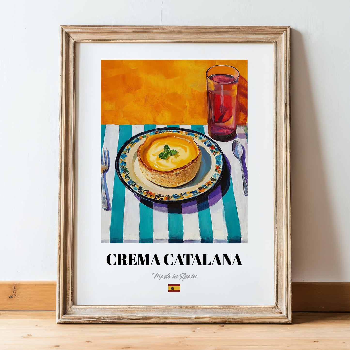 Crema Catalana – Oil Painting, Spanish Dessert Illustration, in wooden frame leaning on the floor