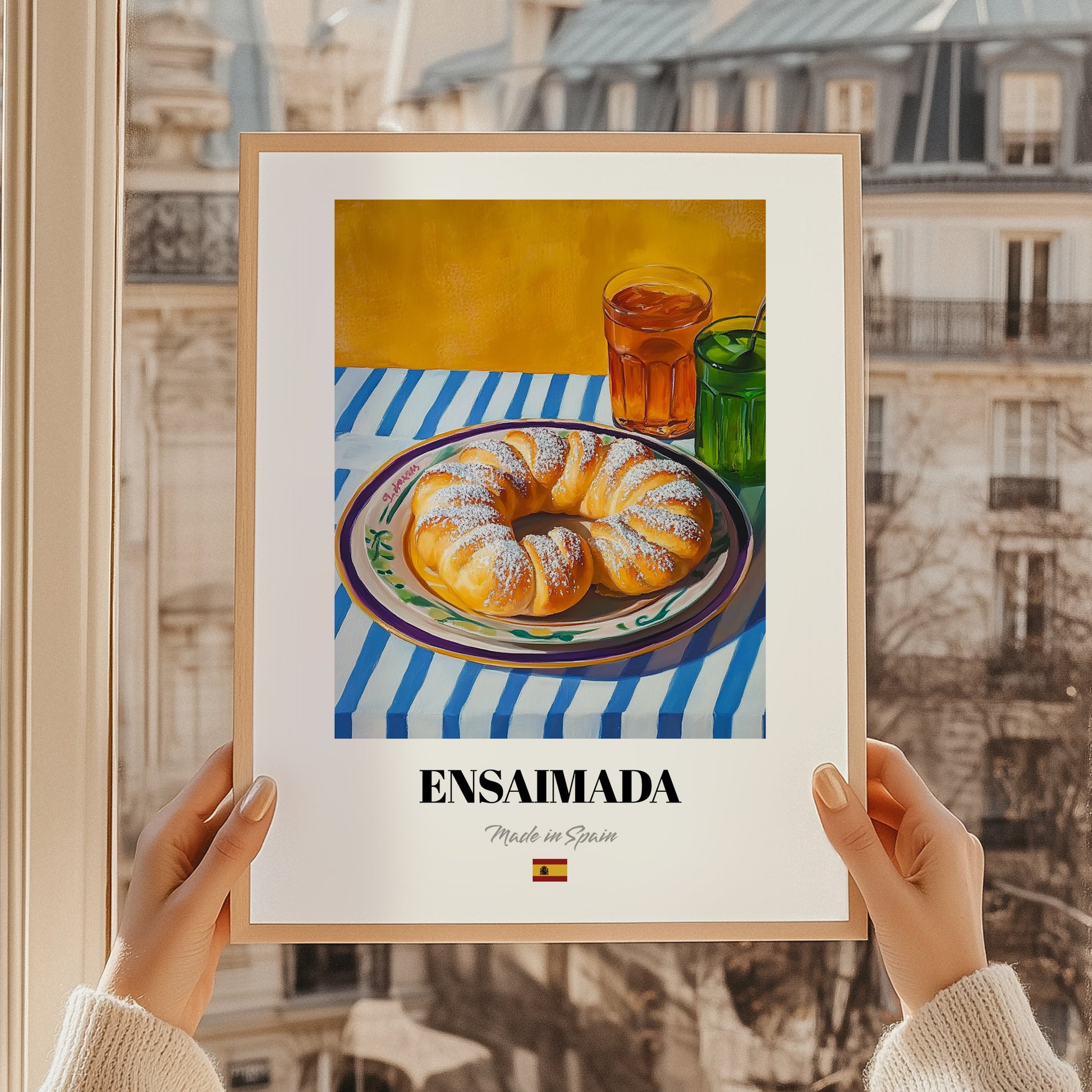 Ensaimada – Colorful Oil Painting, Spanish Pastry Wall Decor, styled in a charming Paris street view