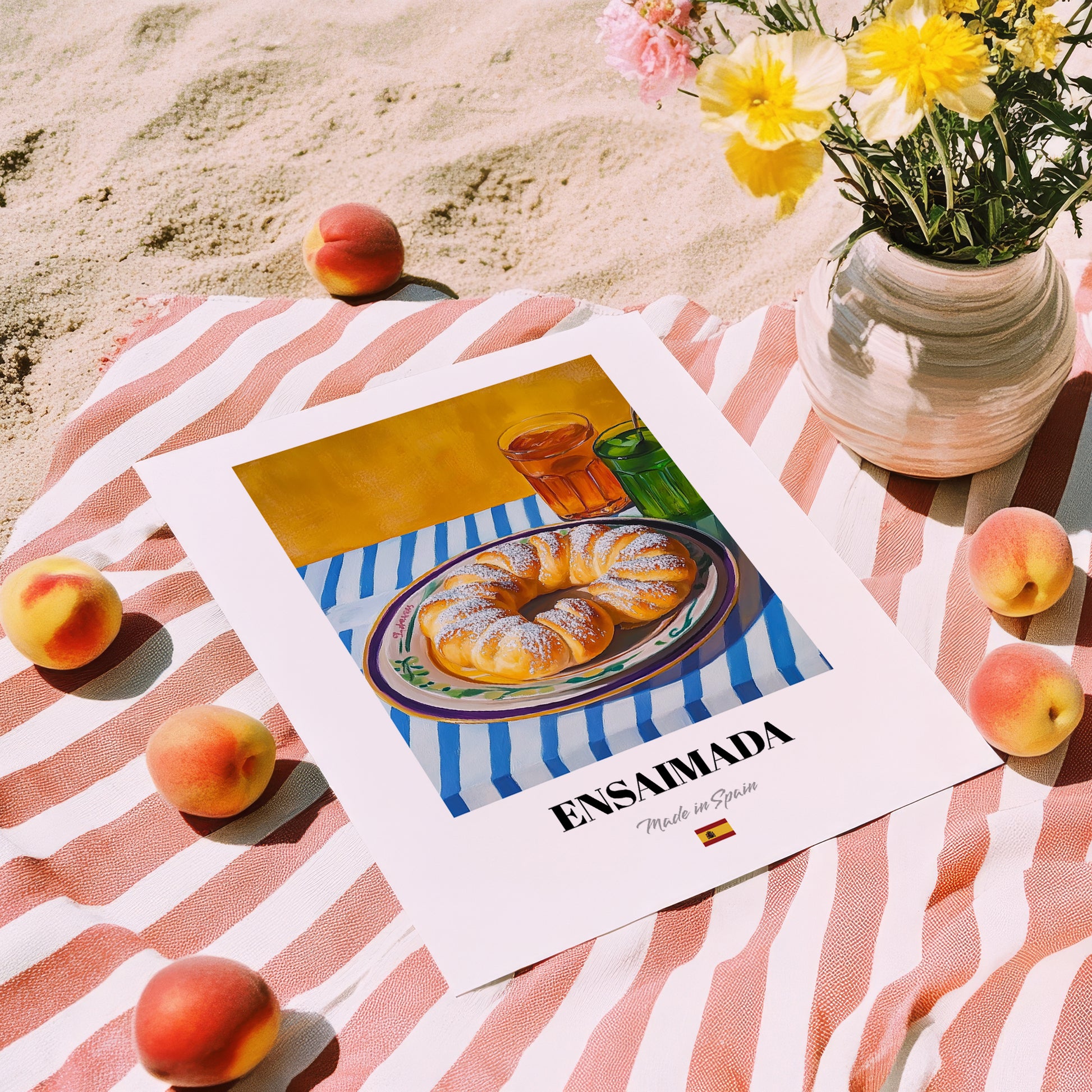 Ensaimada – Colorful Oil Painting, Spanish Pastry Wall Decor, unframed on coastal sand