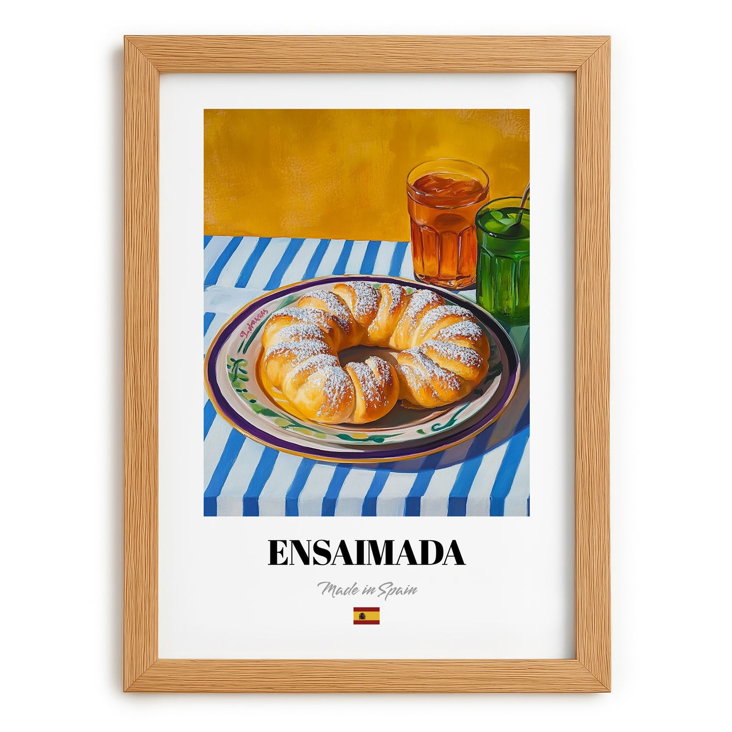 Ensaimada – Colorful Oil Painting, Spanish Pastry Wall Decor, set in oak frame