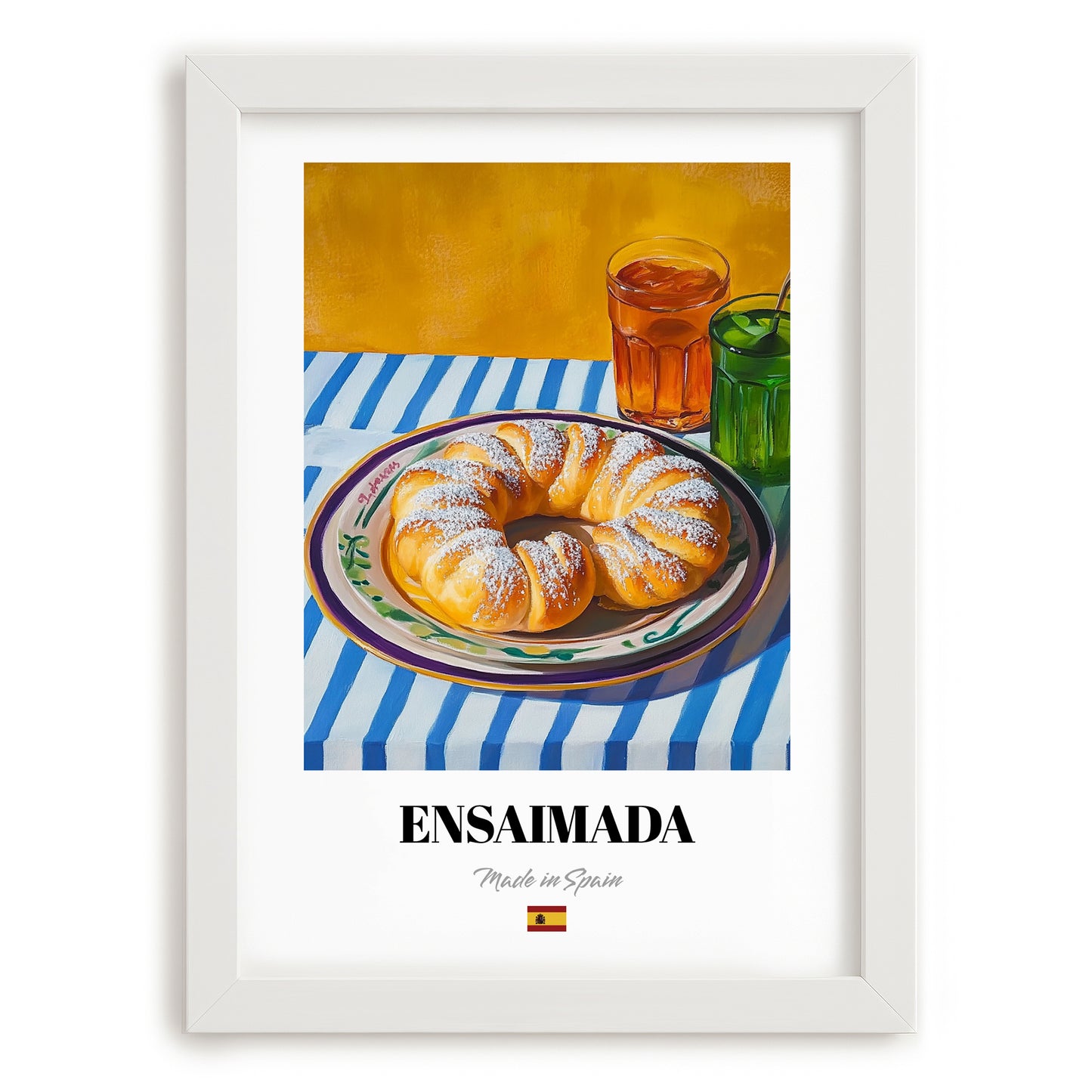 Ensaimada – Colorful Oil Painting, Spanish Pastry Wall Decor, placed in minimal white frame