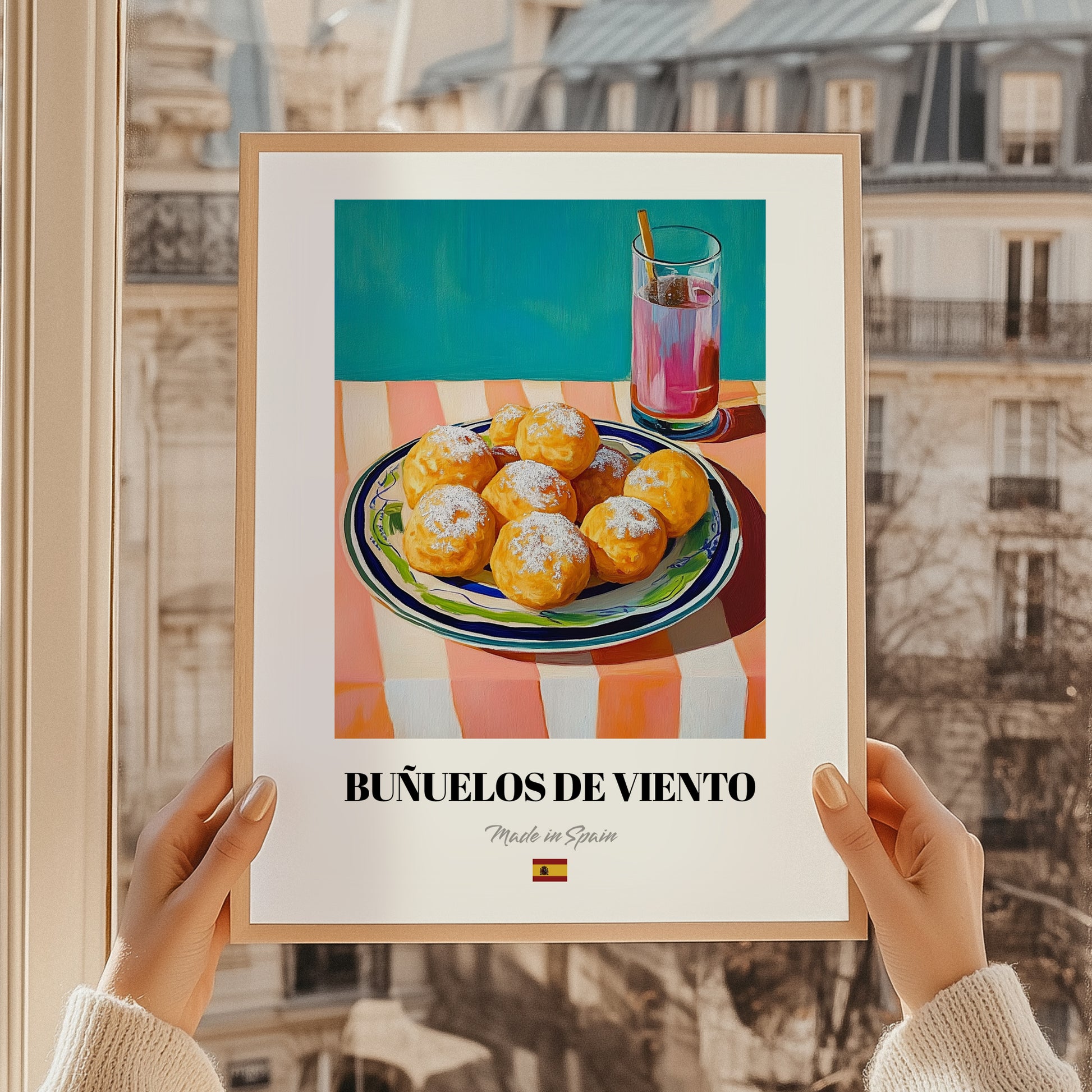 Buñuelos de Viento – Art, Spanish Dessert Wall Print, styled in a charming Paris street view