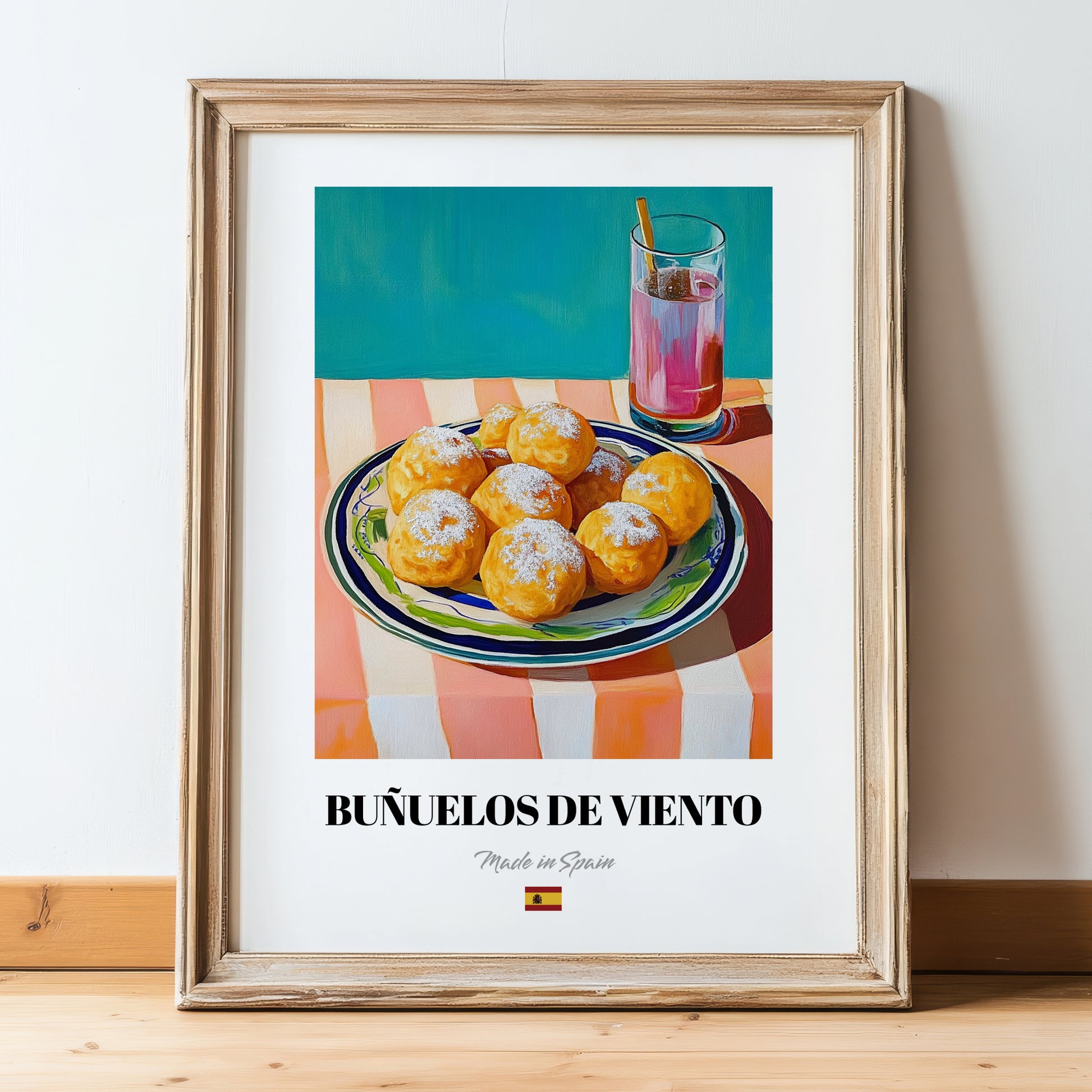 Buñuelos de Viento – Art, Spanish Dessert Wall Print, in wooden frame leaning on the floor
