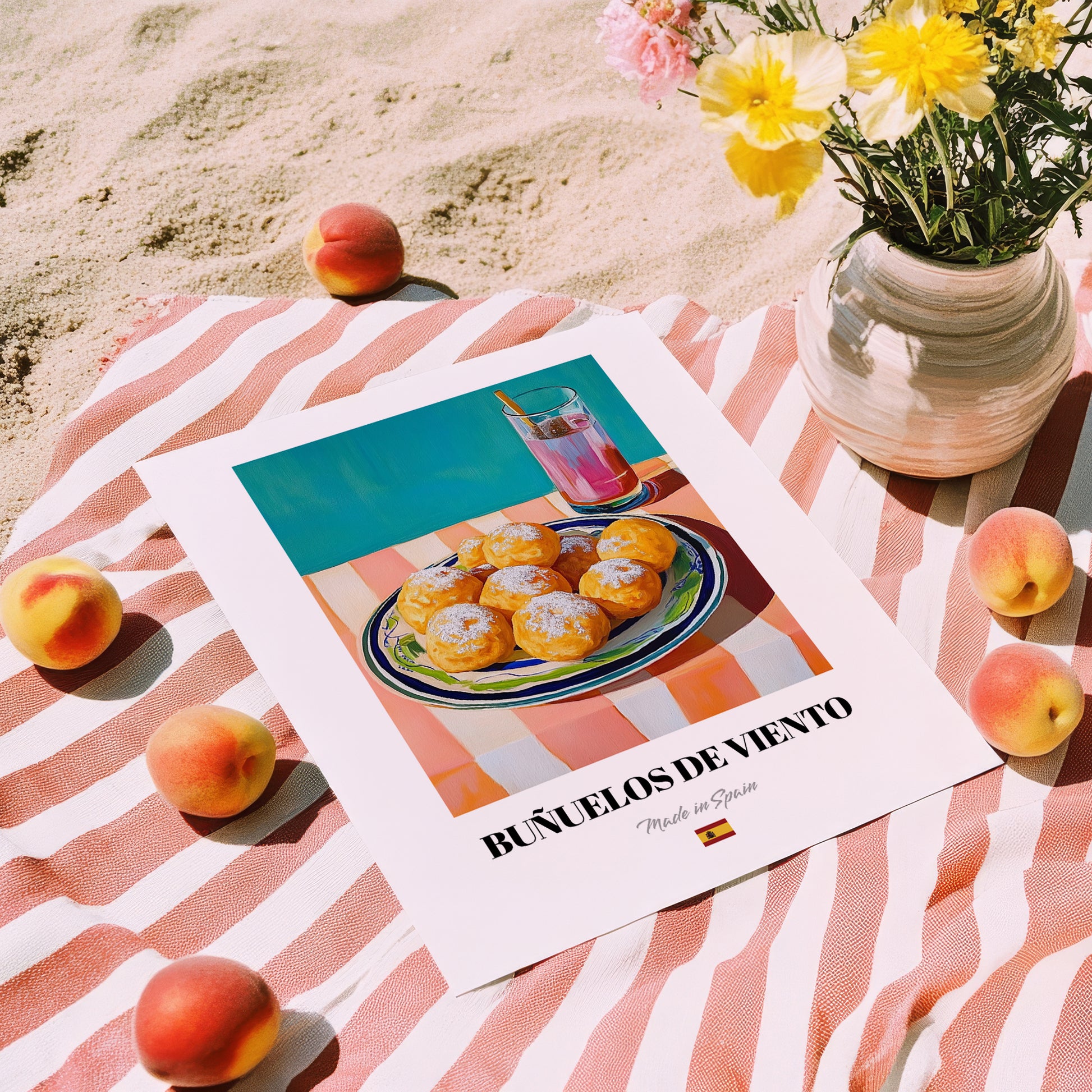 Buñuelos de Viento – Art, Spanish Dessert Wall Print, unframed on coastal sand