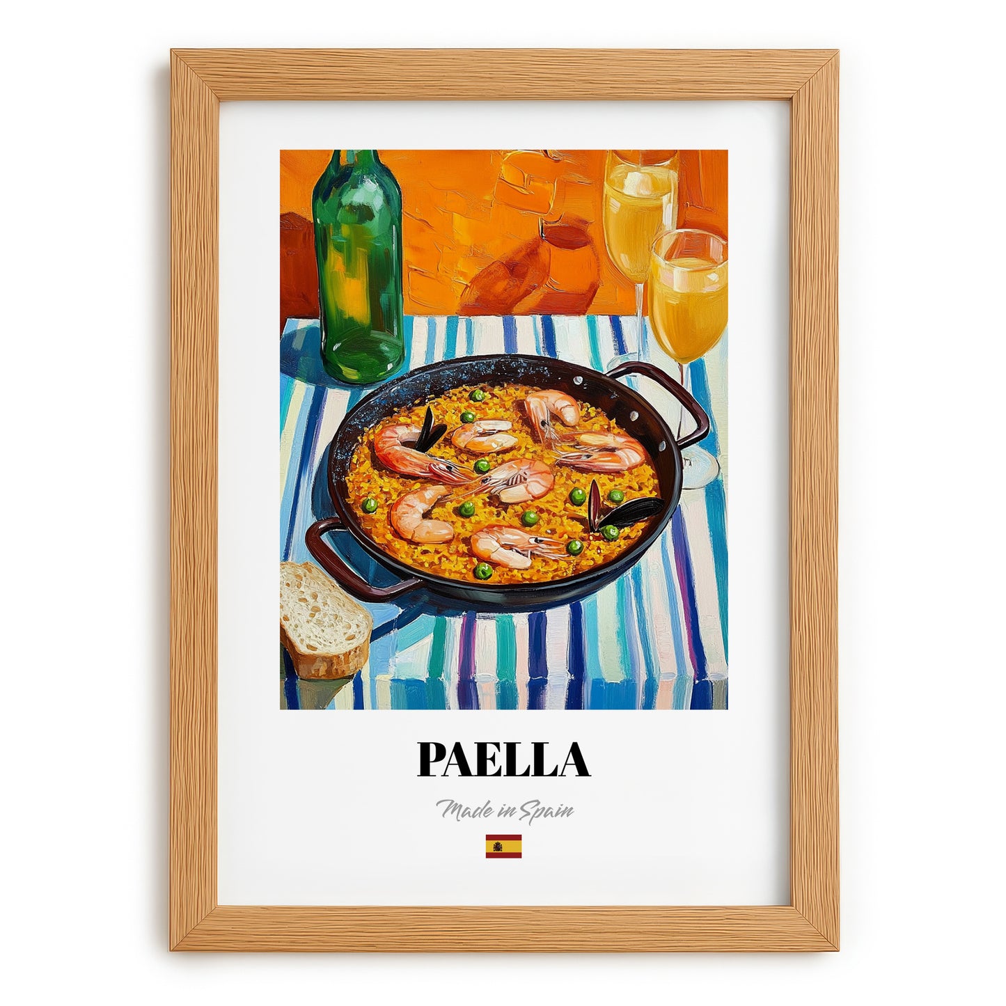 Paella – Colorful Oil Painting, Spanish Food Poster, set in oak frame
