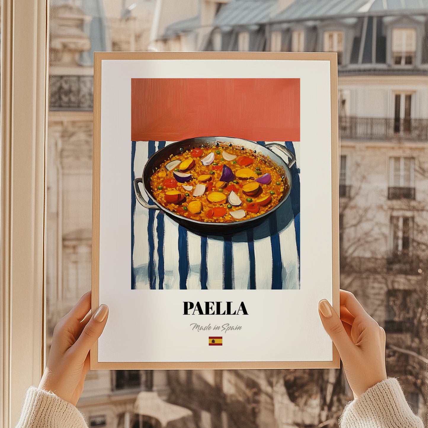 Paella – on Striped Tablecloth, Spanish Food Wall Art, styled in a charming Paris street view