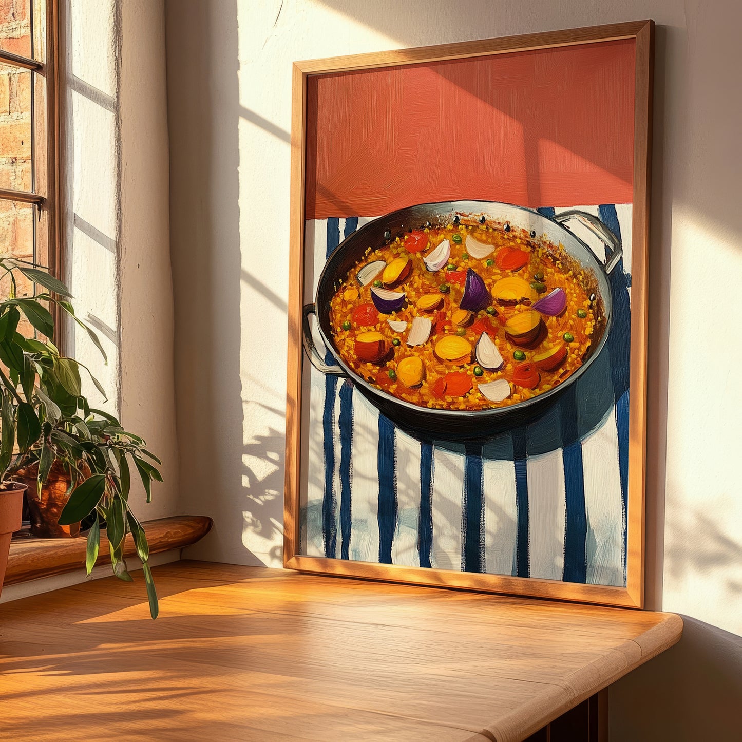 Paella – on Striped Tablecloth, Spanish Food Wall Art, clean layout with no caption