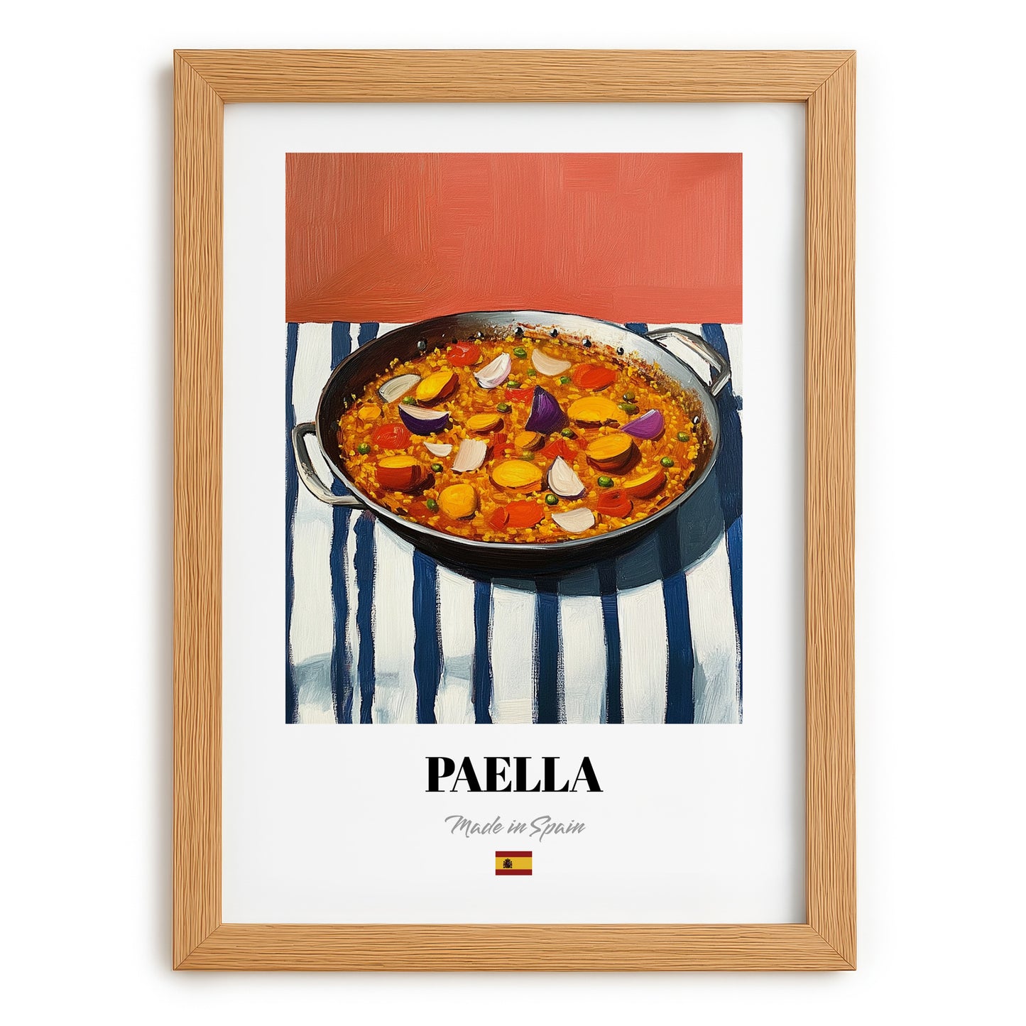Paella – on Striped Tablecloth, Spanish Food Wall Art, set in oak frame