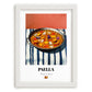 Paella – on Striped Tablecloth, Spanish Food Wall Art, placed in minimal white frame