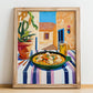 Paella Valenciana  Valencian Village Street Café Scene, Spanish Food Still Life, no-text version framed in wood