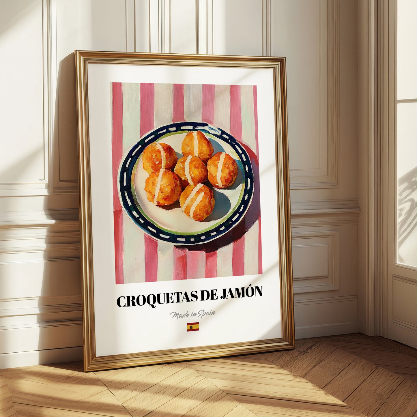 Croquetas de Jamón – on Striped Tablecloth, Spanish Food Still Life