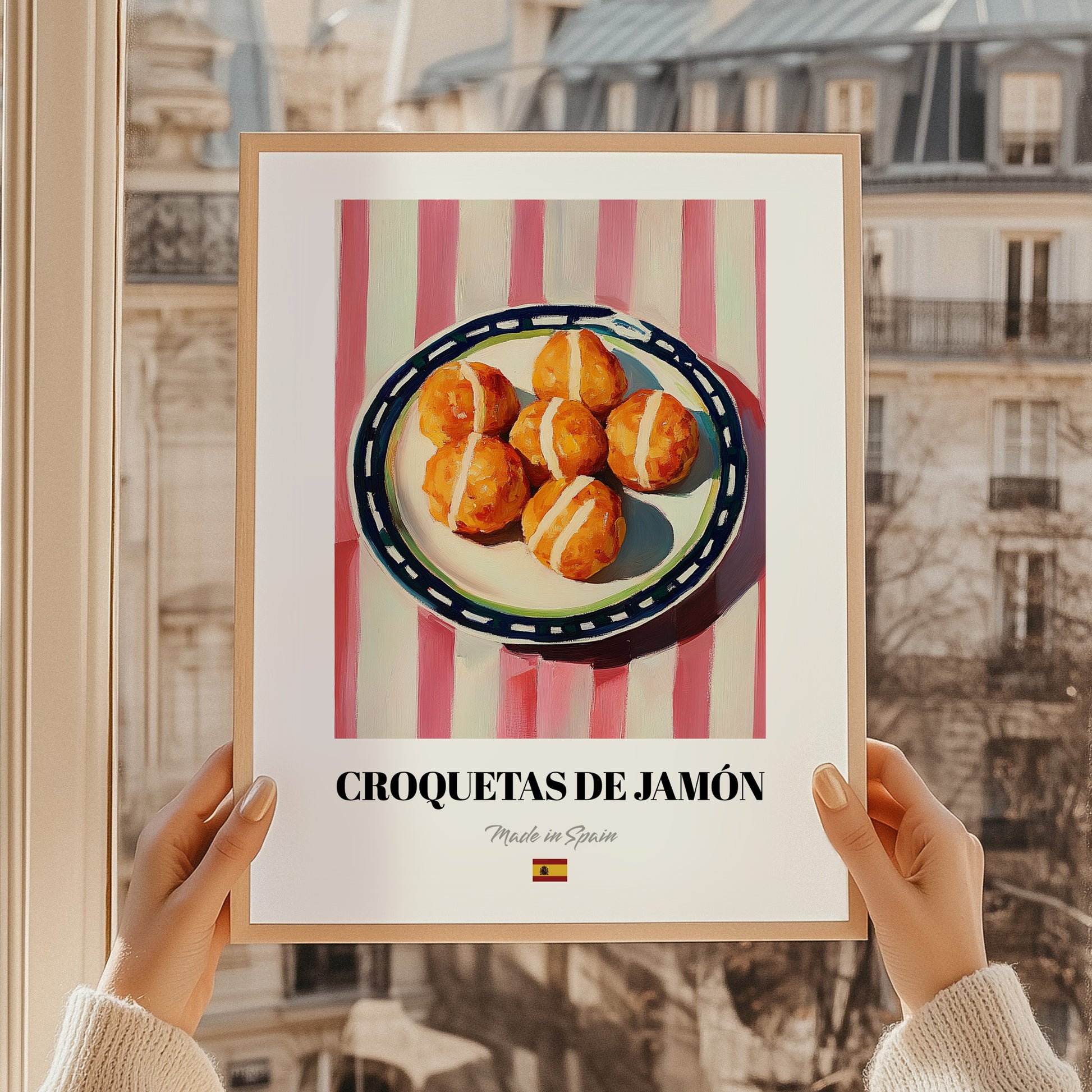 Croquetas de Jamón – on Striped Tablecloth, Spanish Food Still Life, styled in a charming Paris street view