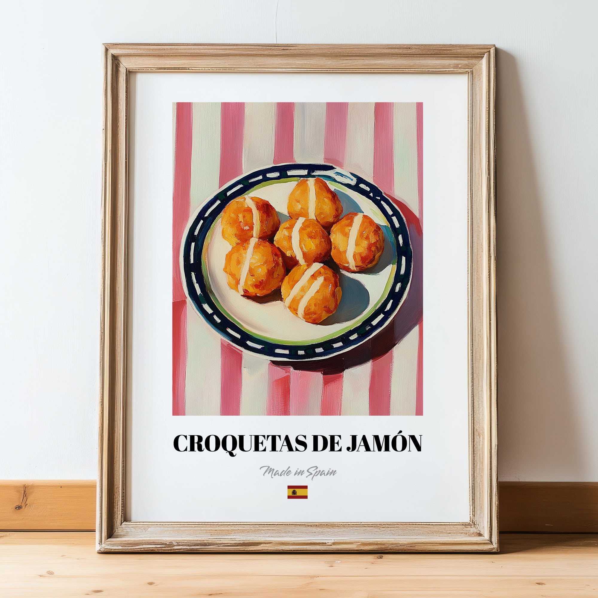 Croquetas de Jamón – on Striped Tablecloth, Spanish Food Still Life, in wooden frame leaning on the floor