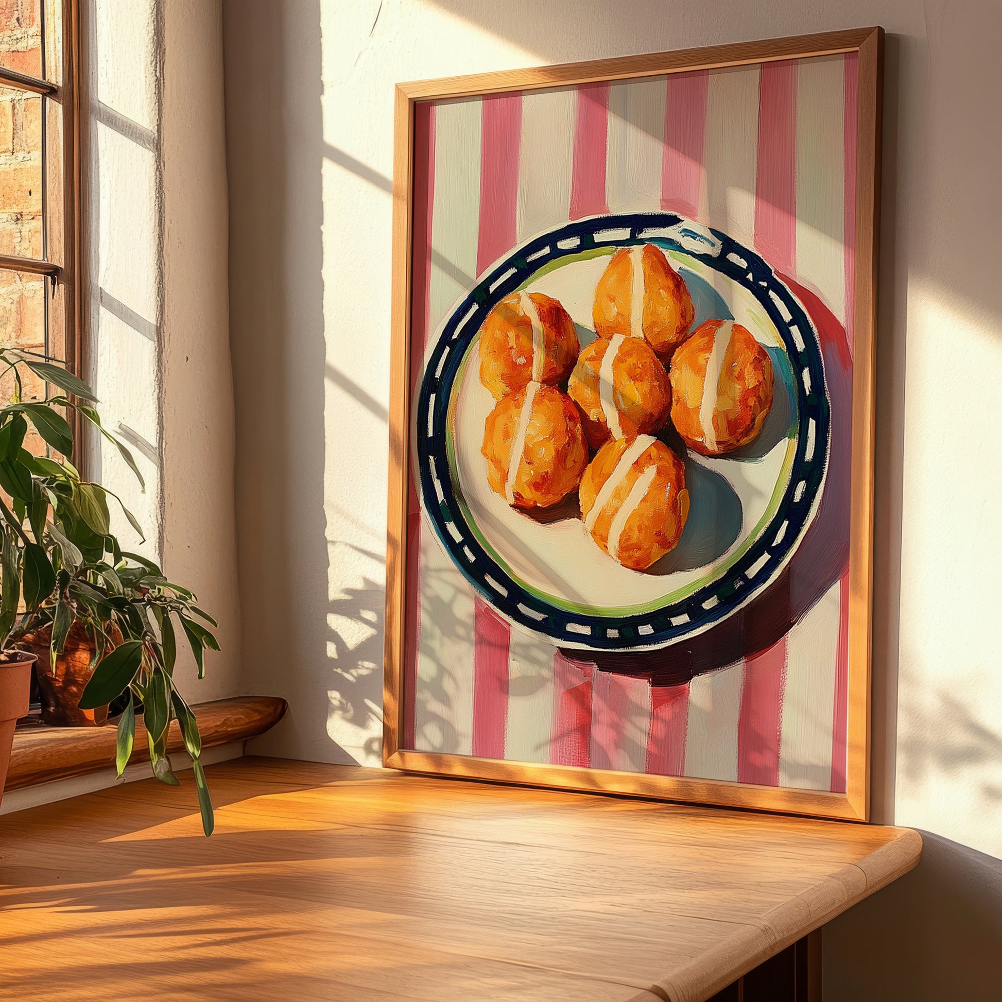 Croquetas de Jamón – on Striped Tablecloth, Spanish Food Still Life, clean layout with no caption
