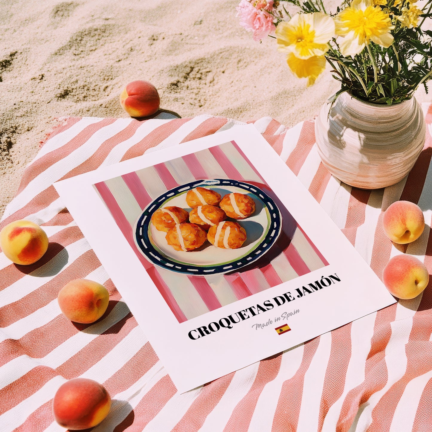 Croquetas de Jamón – on Striped Tablecloth, Spanish Food Still Life, unframed on coastal sand