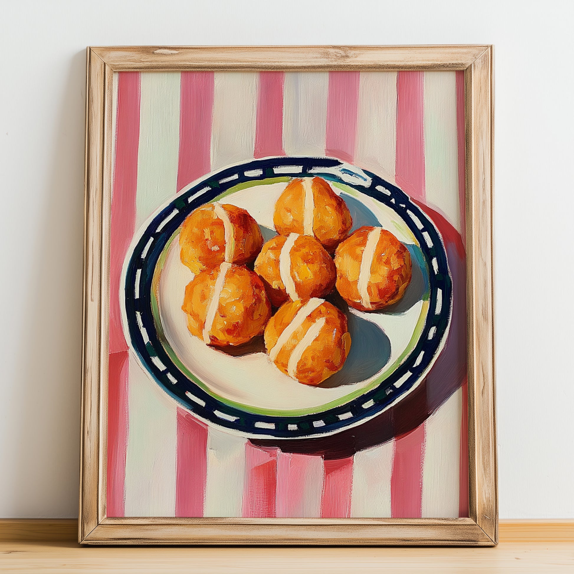 Croquetas de Jamón – on Striped Tablecloth, Spanish Food Still Life, no-text version framed in wood
