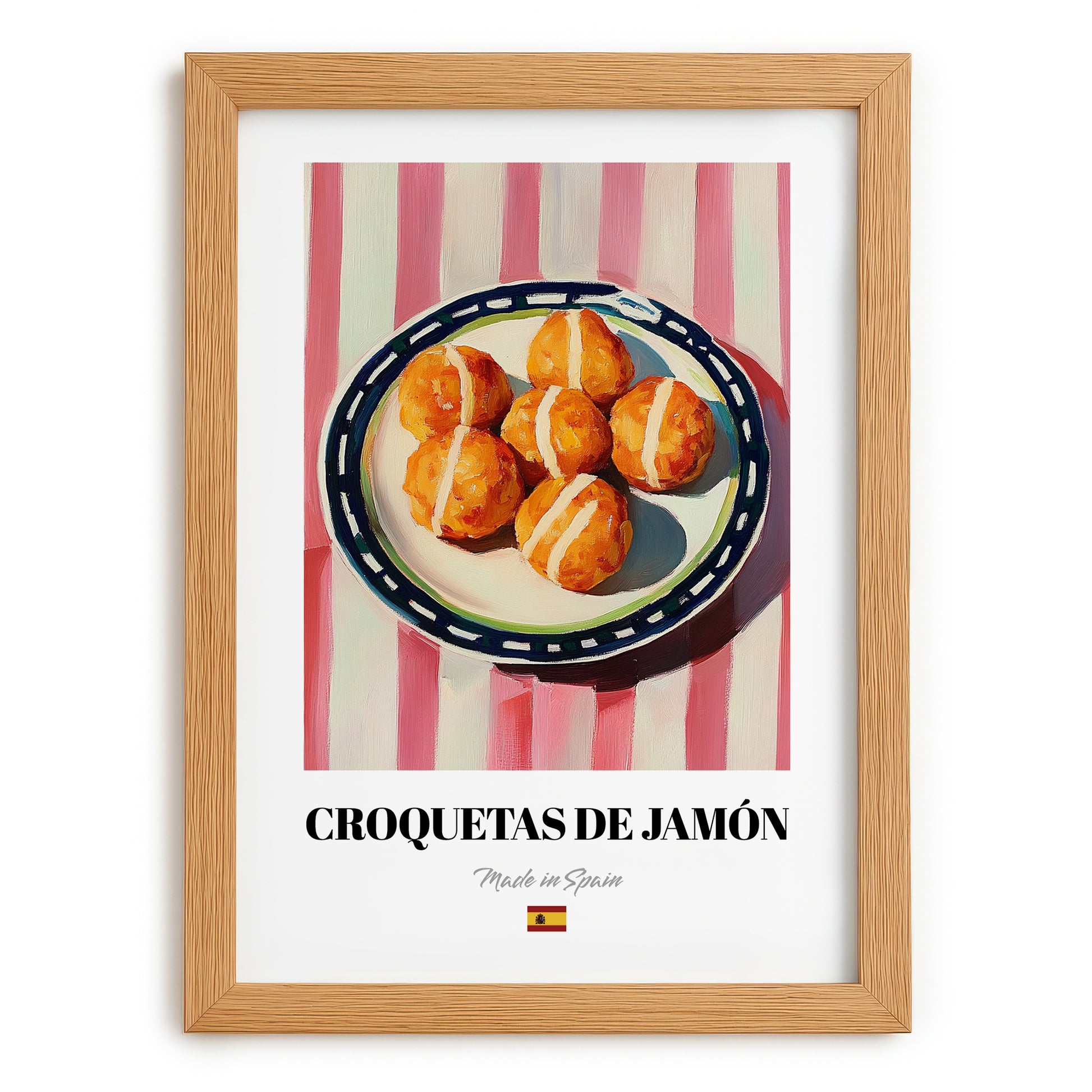 Croquetas de Jamón – on Striped Tablecloth, Spanish Food Still Life, set in oak frame