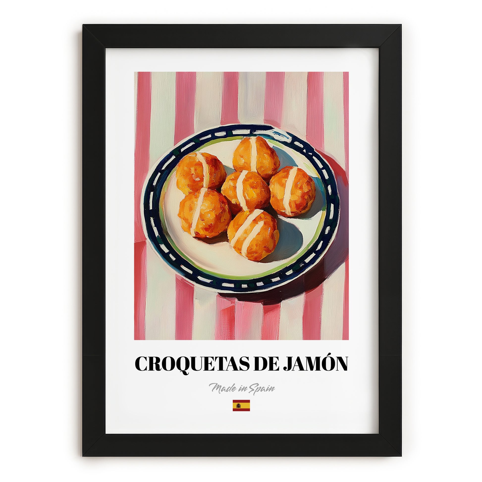 Croquetas de Jamón – on Striped Tablecloth, Spanish Food Still Life, in sleek black frame