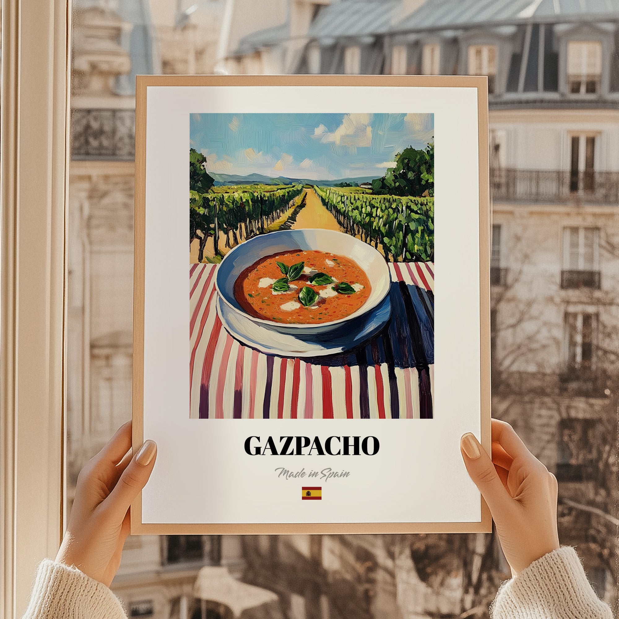 Gazpacho  Hilltop Café Scene, Spanish Food Painting, styled in a charming Paris street view