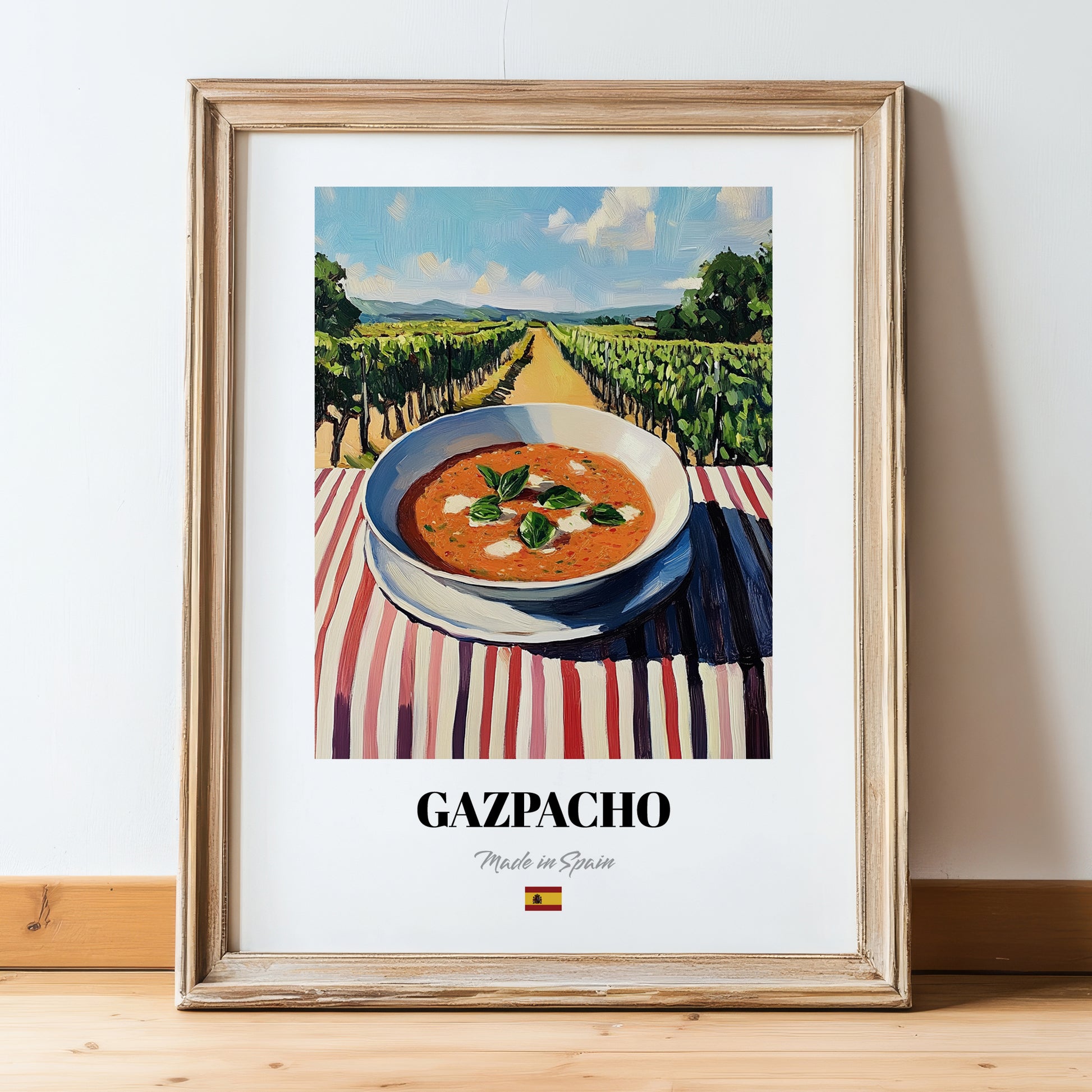 Gazpacho  Hilltop Café Scene, Spanish Food Painting, in wooden frame leaning on the floor