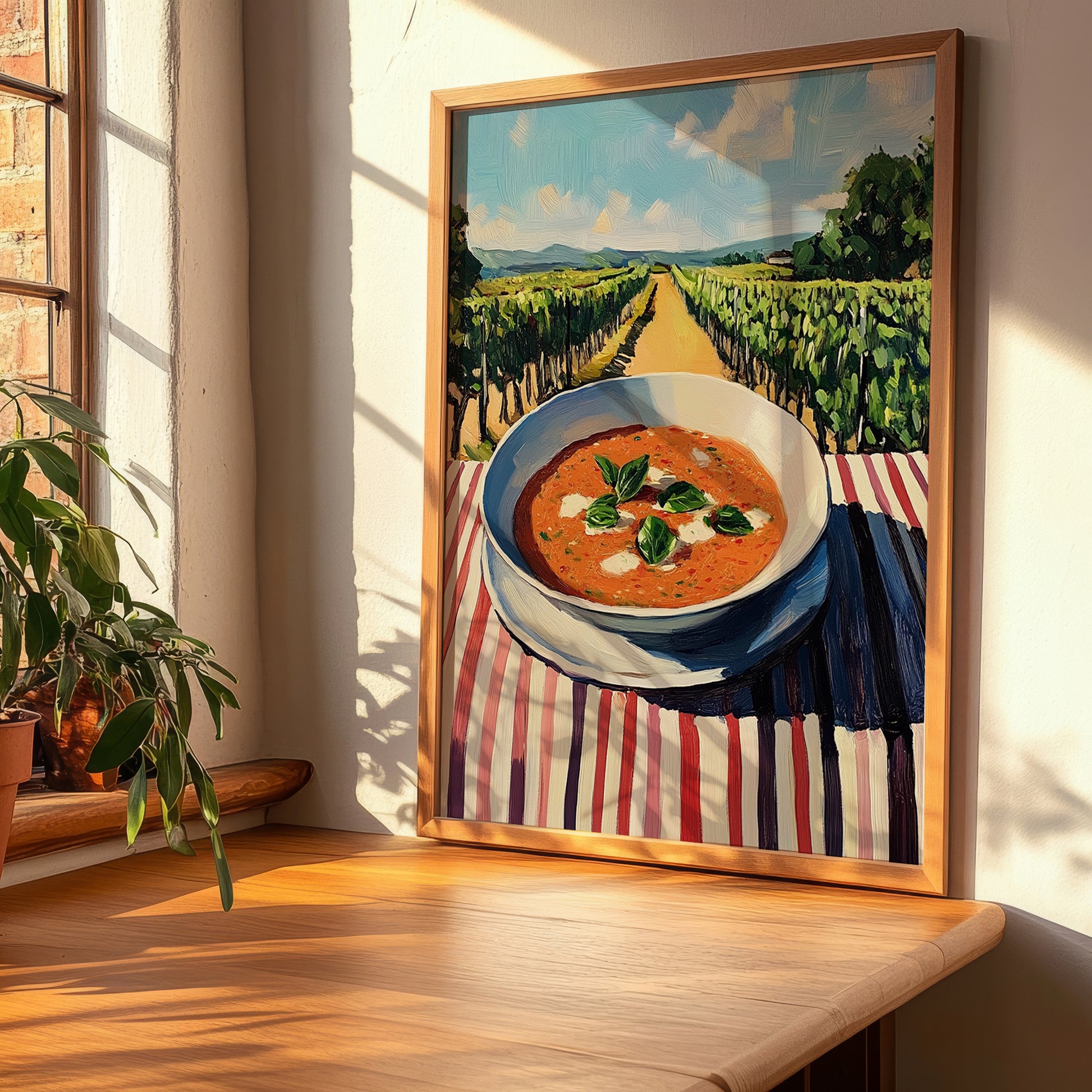 Gazpacho  Hilltop Café Scene, Spanish Food Painting, clean layout with no caption