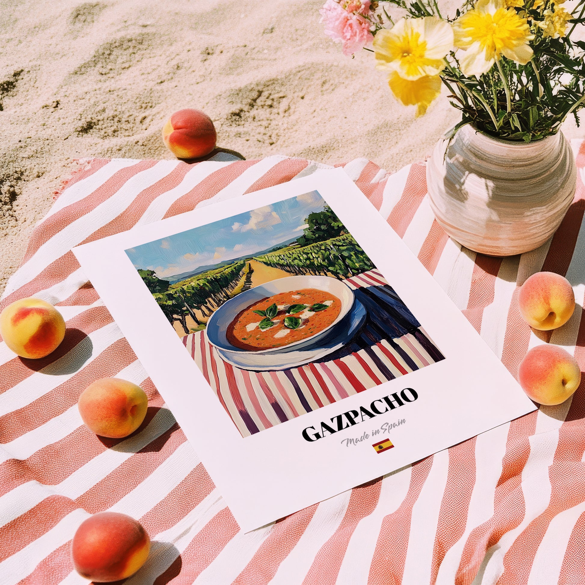 Gazpacho  Hilltop Café Scene, Spanish Food Painting, unframed on coastal sand