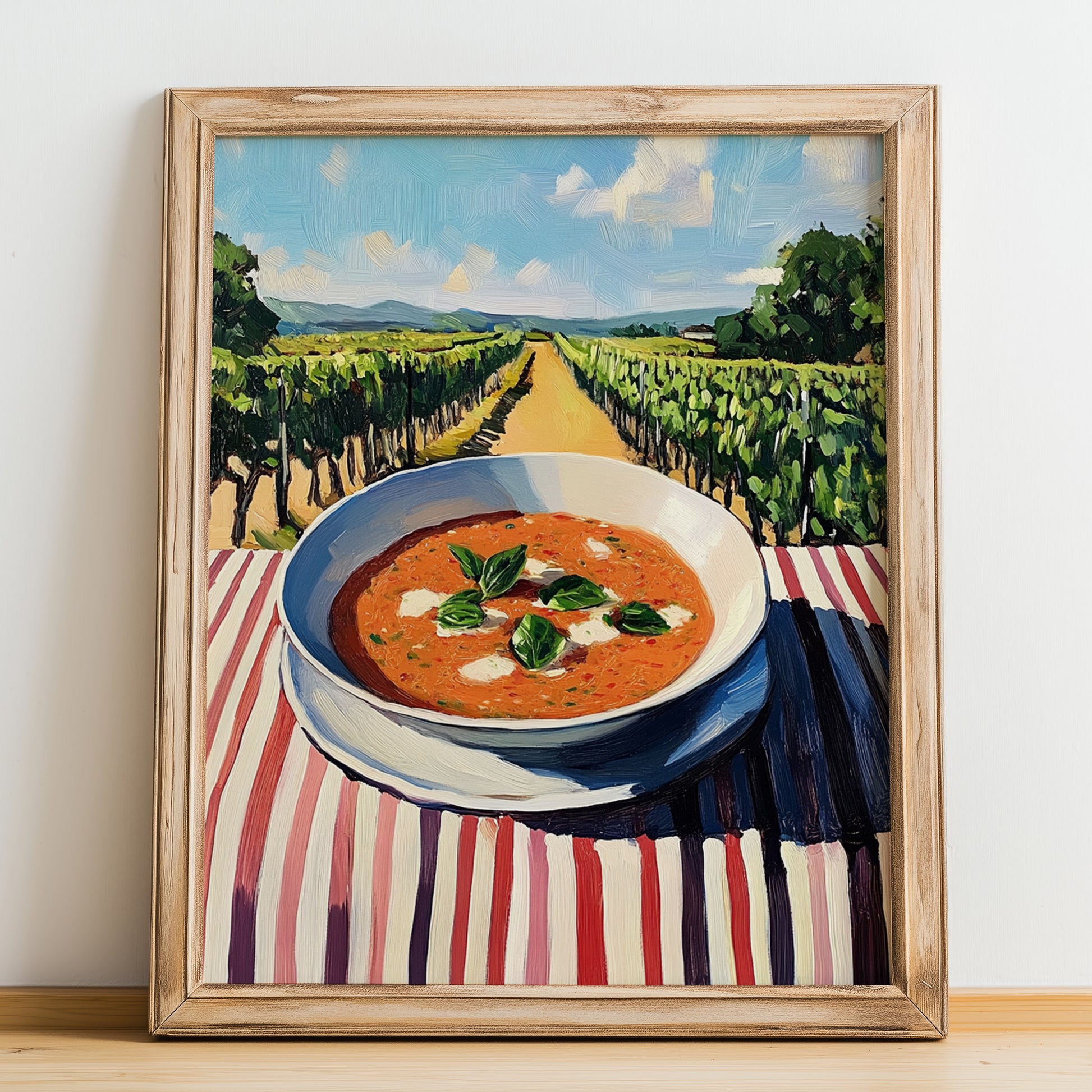 Gazpacho  Hilltop Café Scene, Spanish Food Painting, no-text version framed in wood