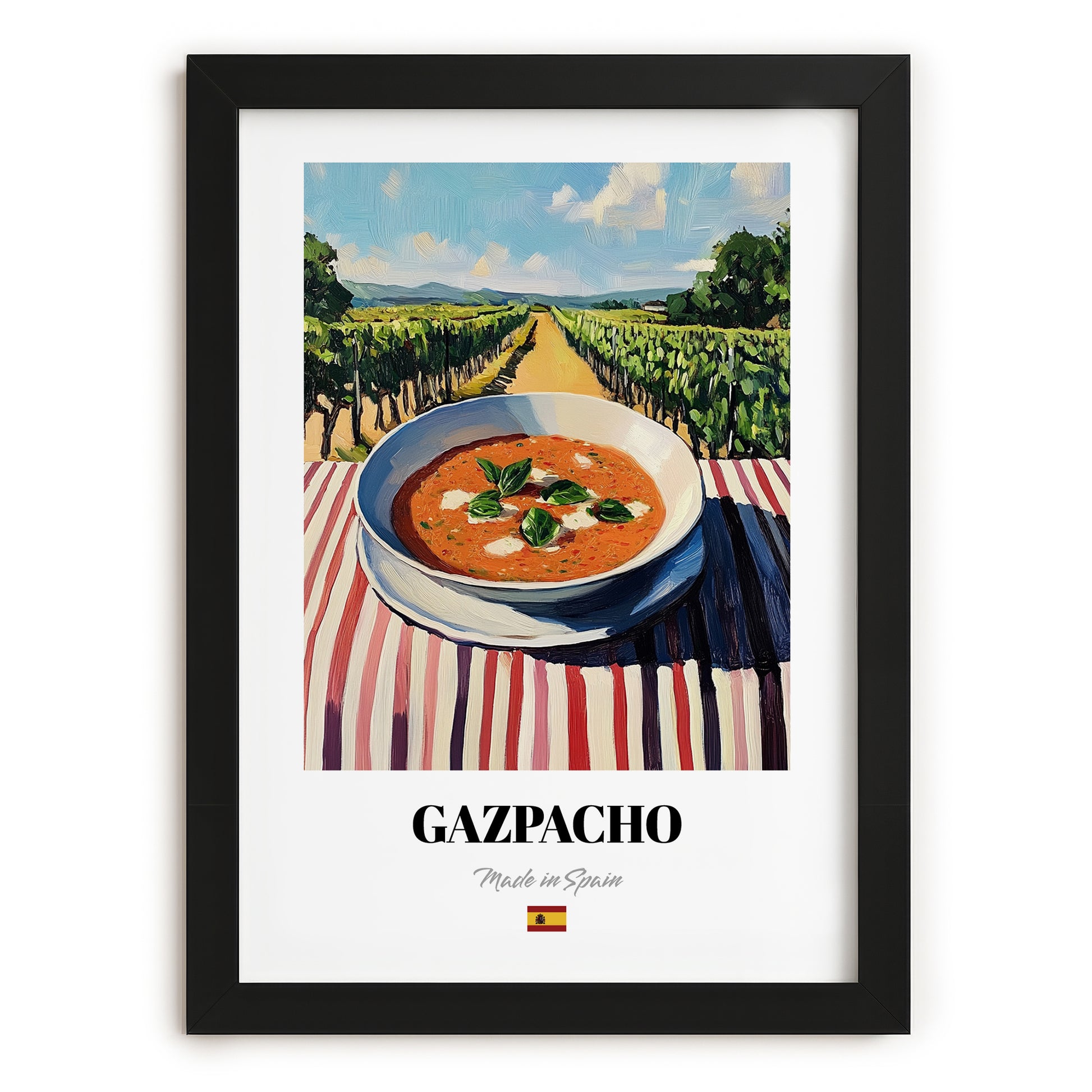 Gazpacho  Hilltop Café Scene, Spanish Food Painting, in sleek black frame