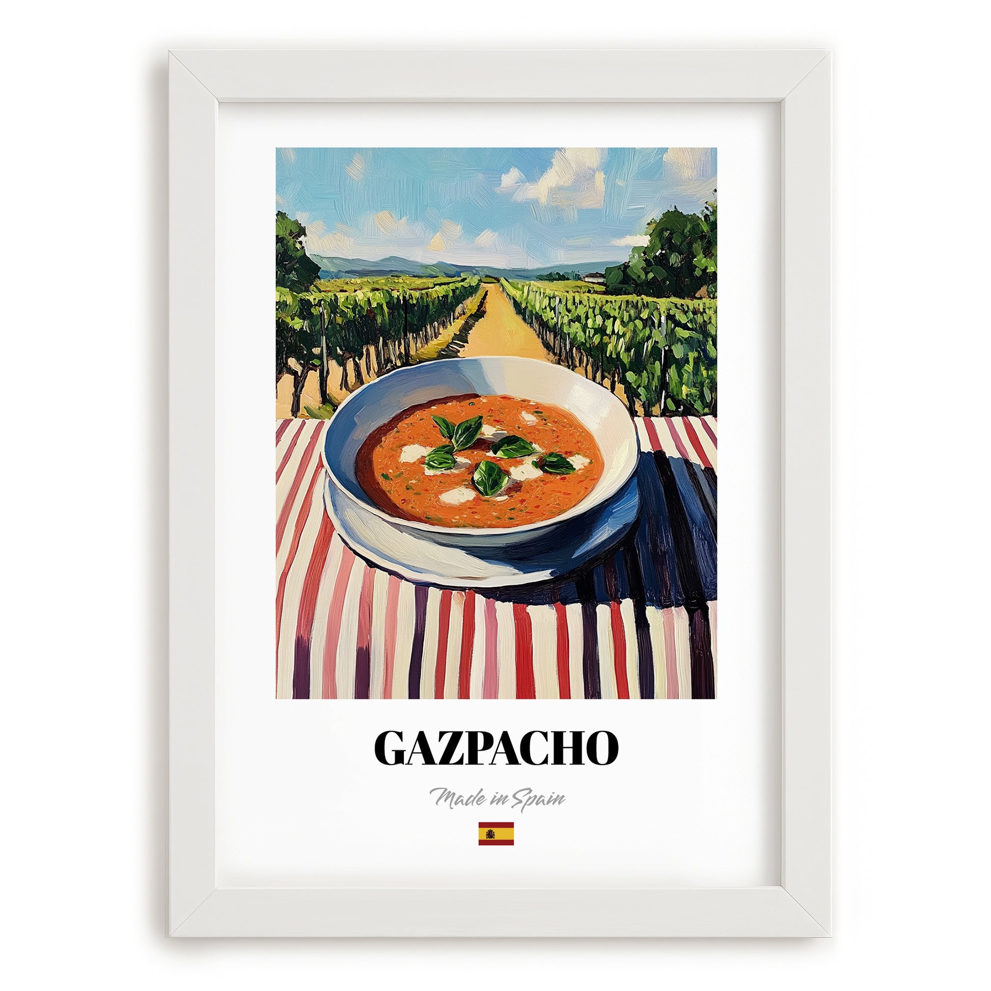 Gazpacho  Hilltop Café Scene, Spanish Food Painting, placed in minimal white frame