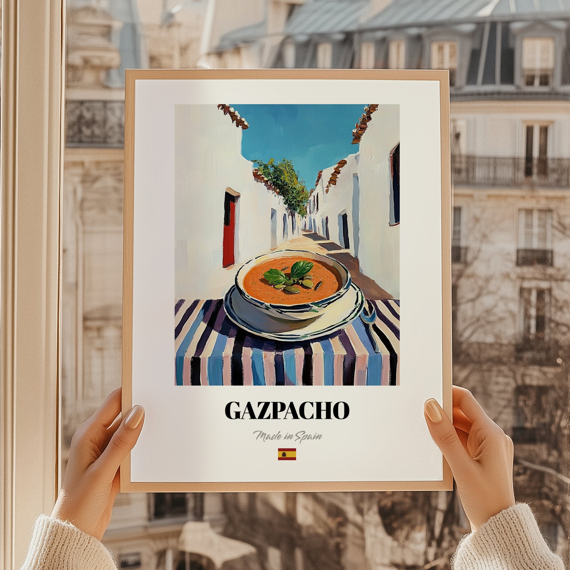 Gazpacho  White Village Street Café, Spanish Food Art, styled in a charming Paris street view