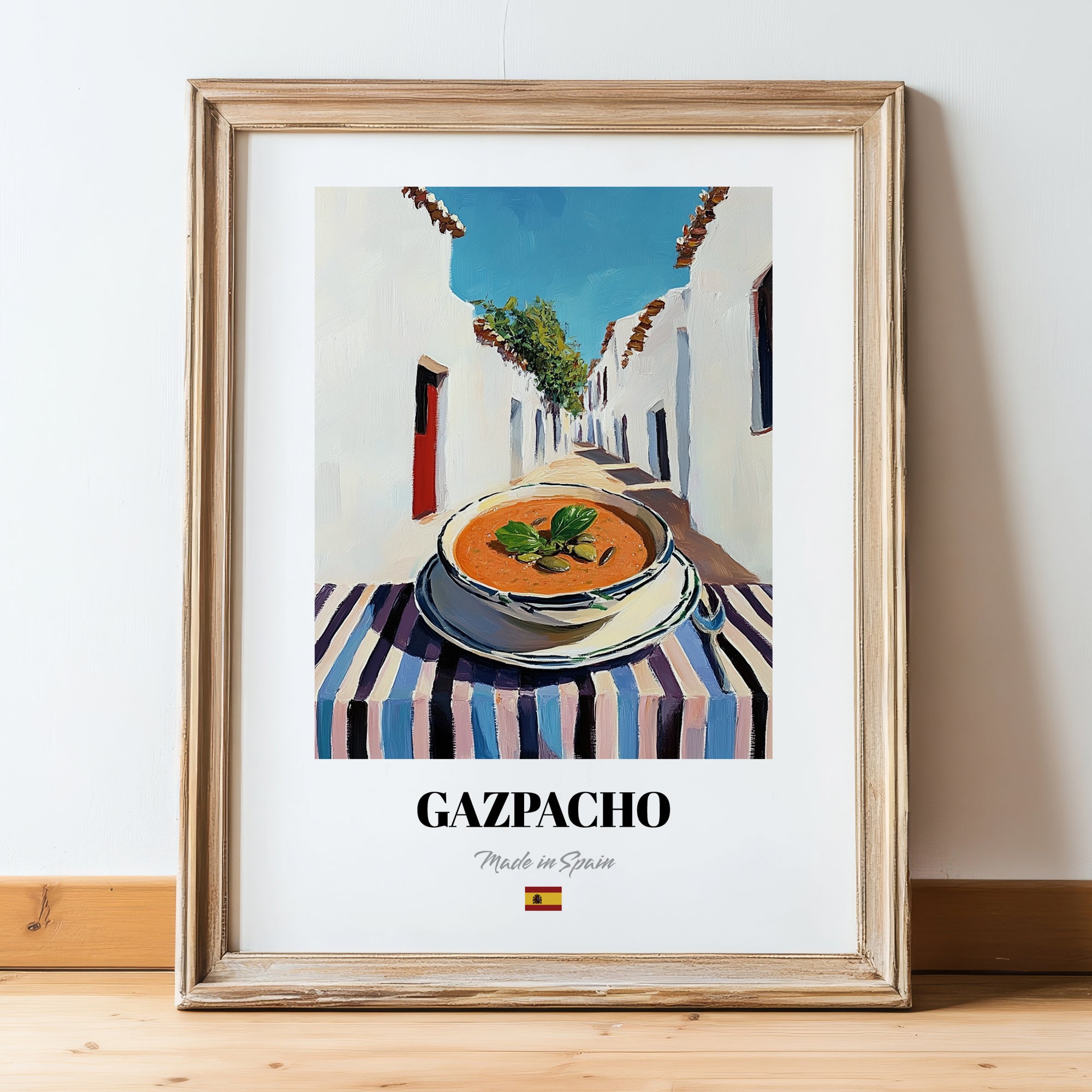 Gazpacho  White Village Street Café, Spanish Food Art, in wooden frame leaning on the floor