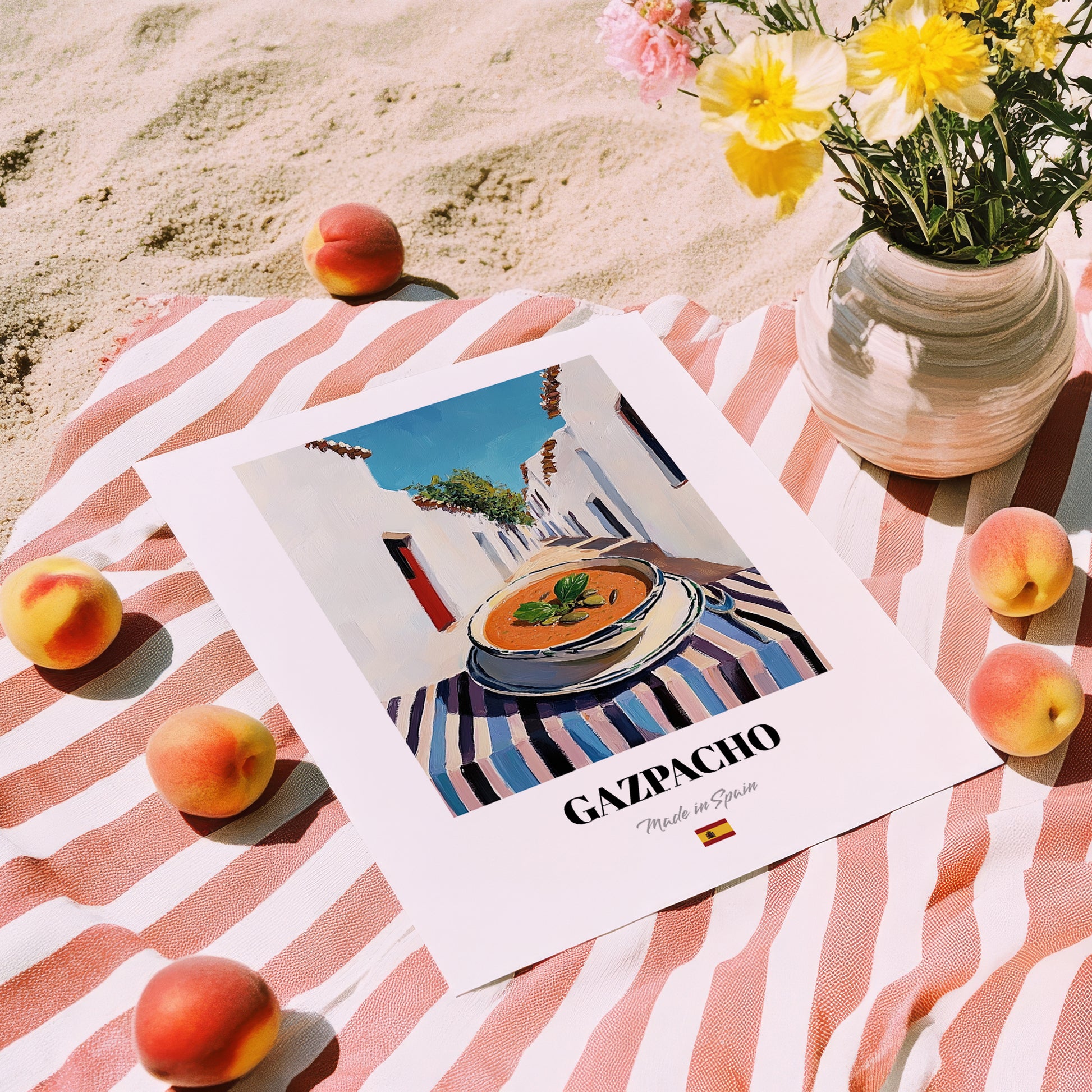 Gazpacho  White Village Street Café, Spanish Food Art, unframed on coastal sand
