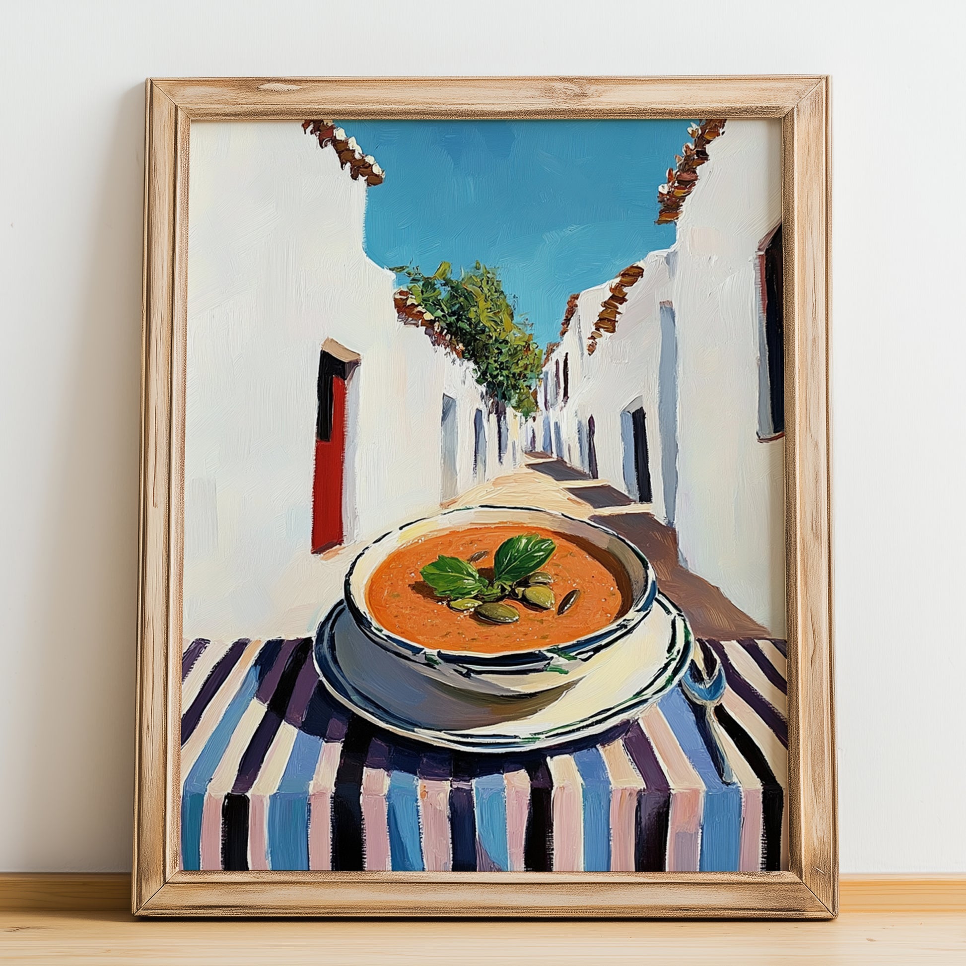 Gazpacho  White Village Street Café, Spanish Food Art, no-text version framed in wood