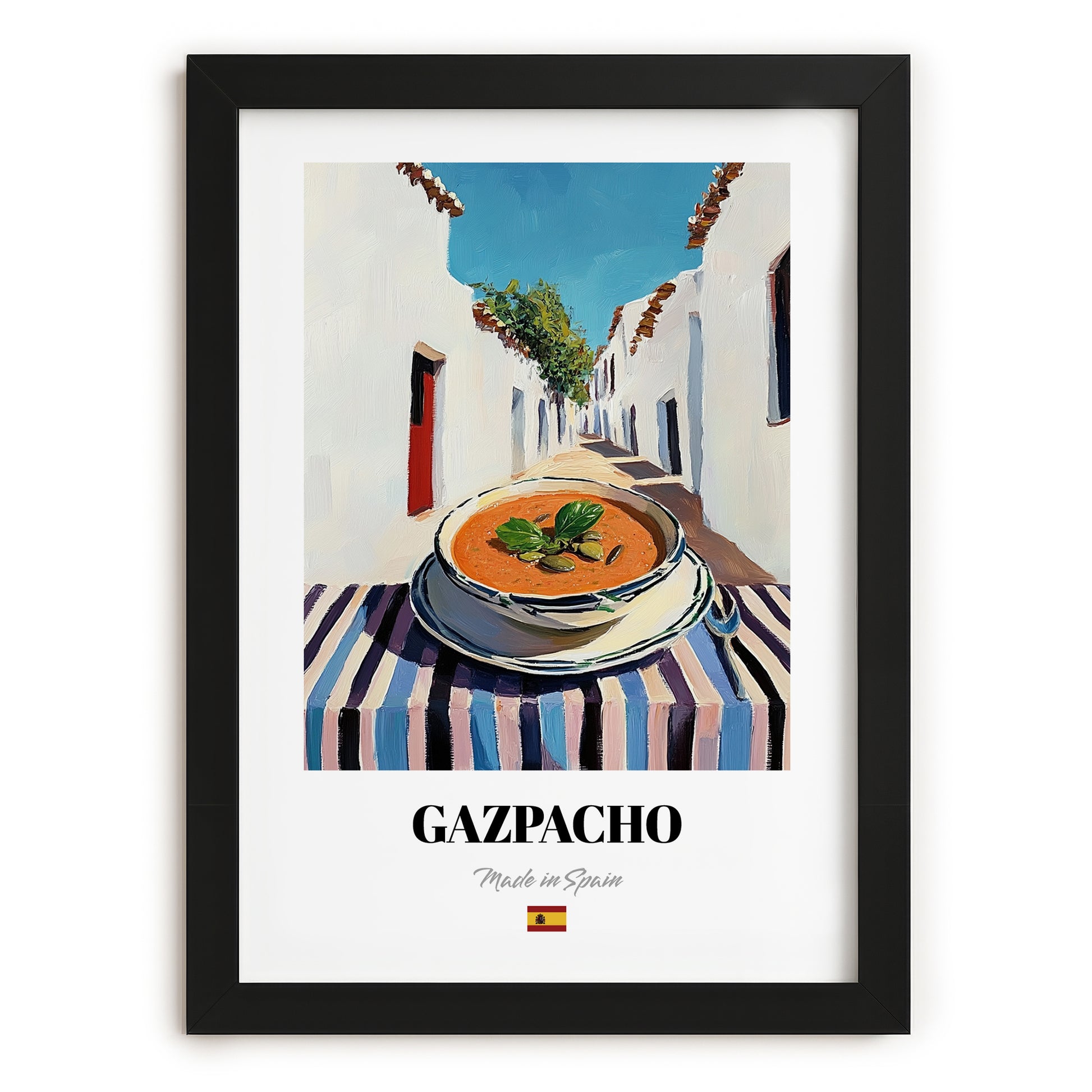 Gazpacho  White Village Street Café, Spanish Food Art, in sleek black frame