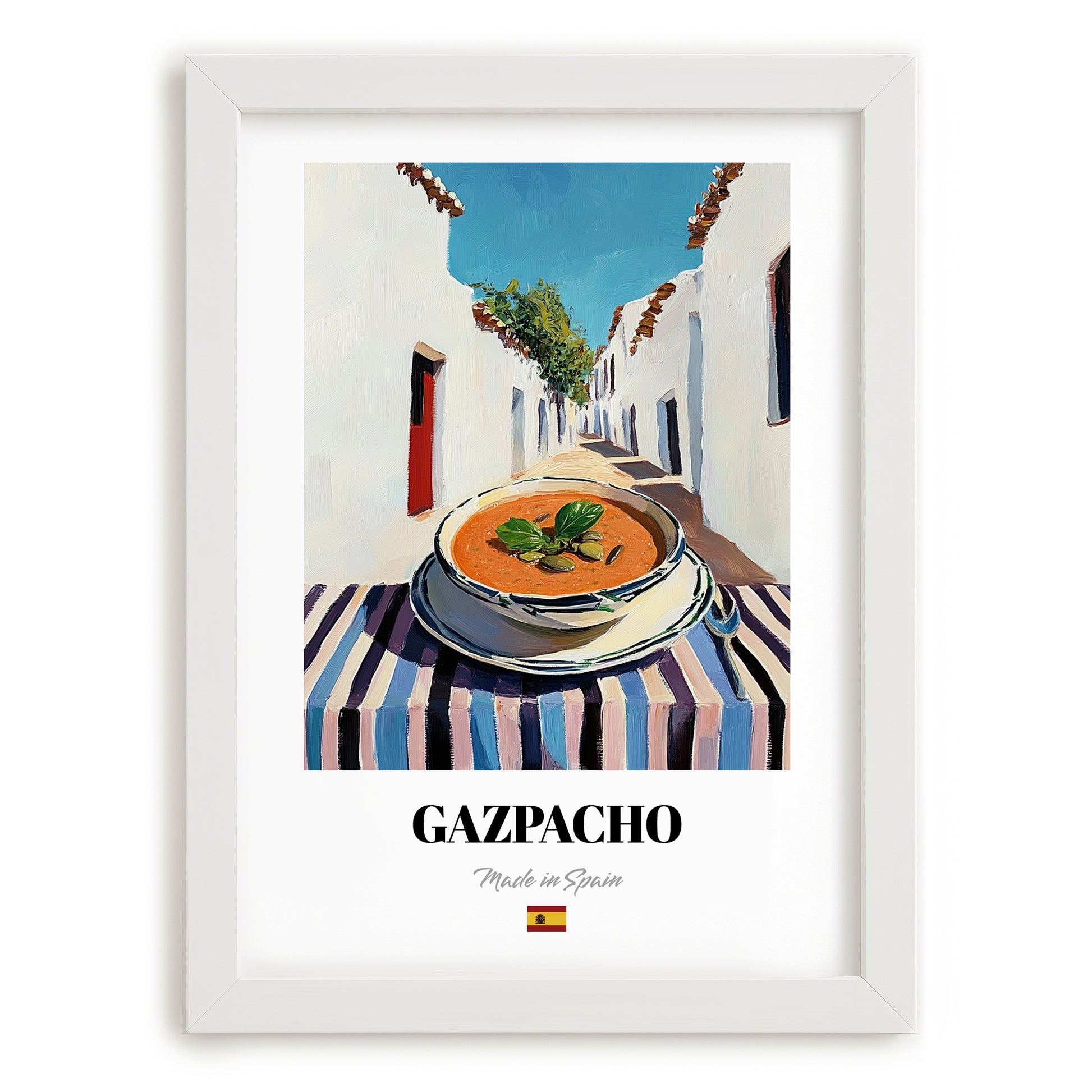 Gazpacho  White Village Street Café, Spanish Food Art, placed in minimal white frame