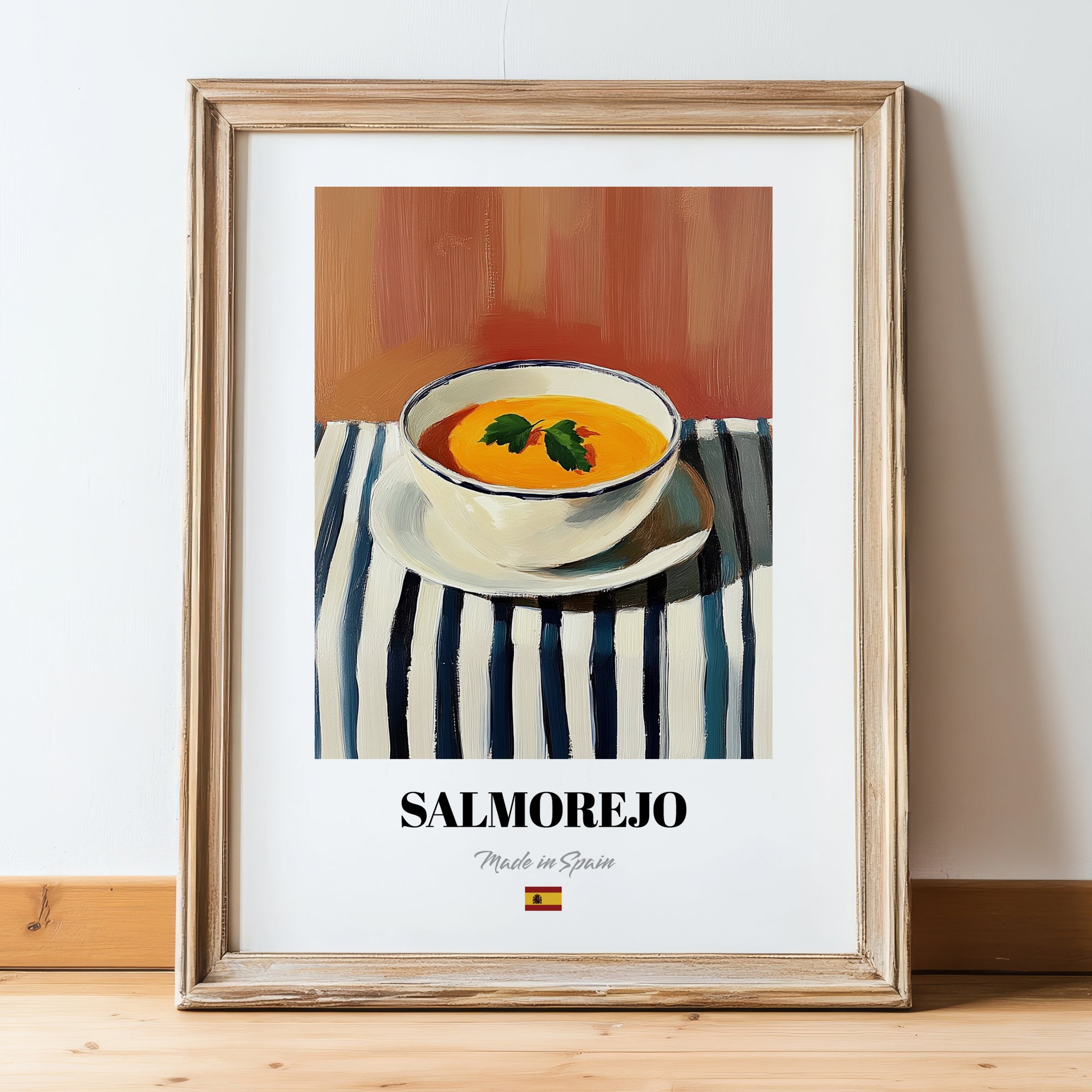 Salmorejo – on Striped Tablecloth, Spanish Food Print, in wooden frame leaning on the floor