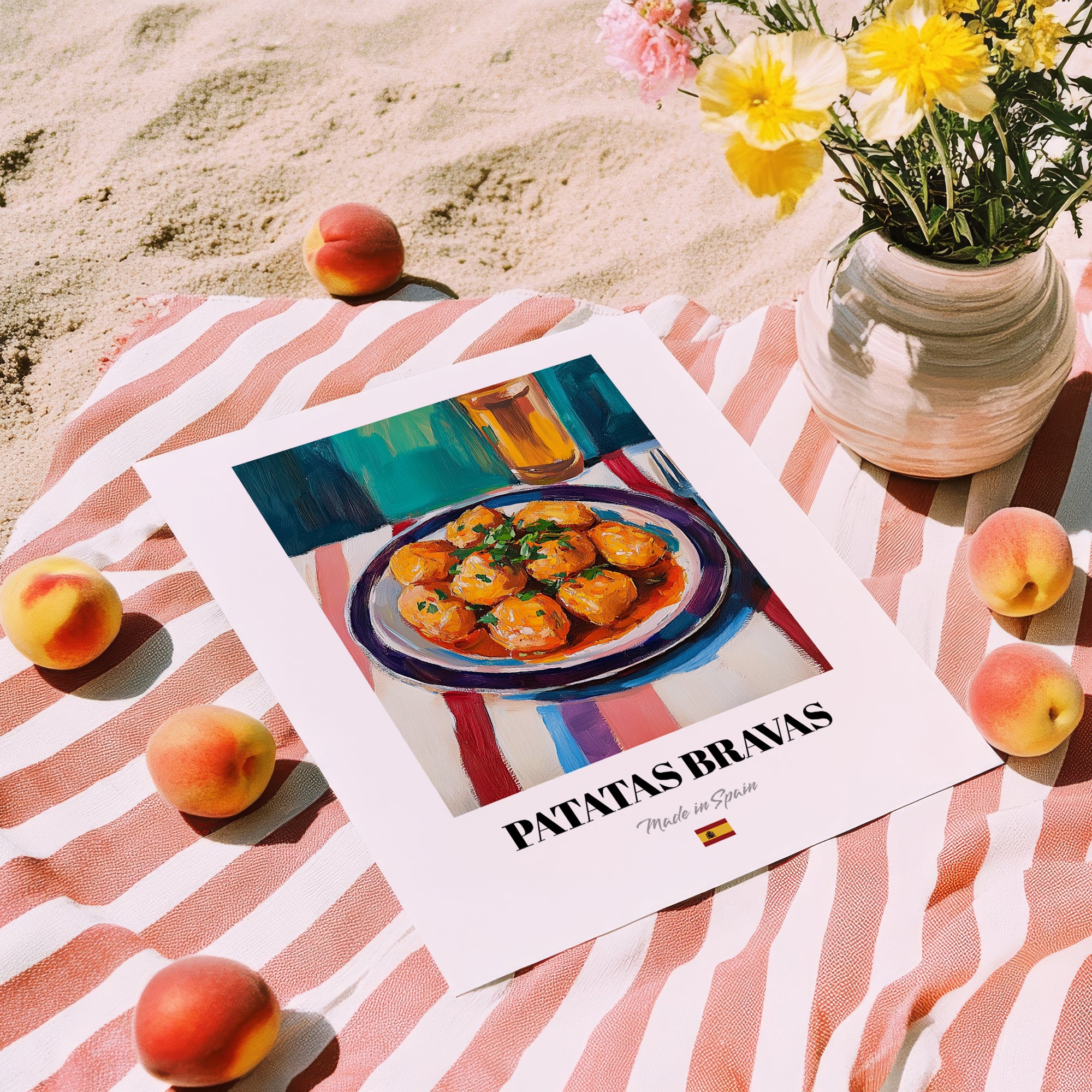 Patatas Bravas – Colorful Oil Painting, Spanish Food Print, unframed on coastal sand