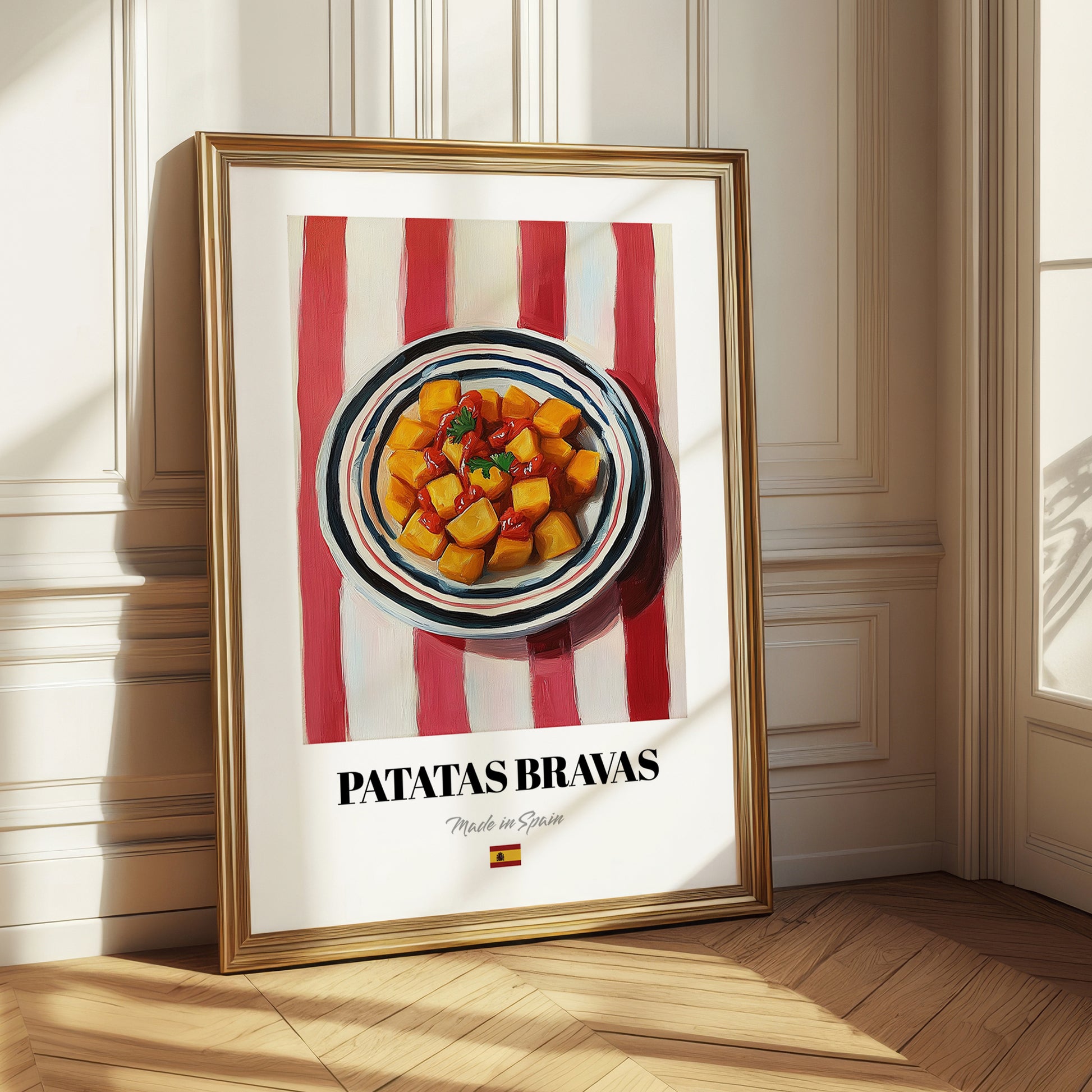 Patatas Bravas – on Striped Tablecloth, Spanish Food Wall Art