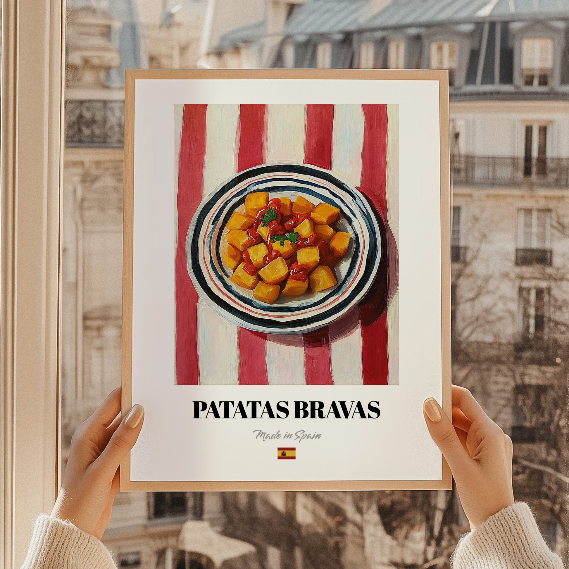 Patatas Bravas – on Striped Tablecloth, Spanish Food Wall Art, styled in a charming Paris street view