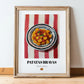 Patatas Bravas – on Striped Tablecloth, Spanish Food Wall Art, in wooden frame leaning on the floor