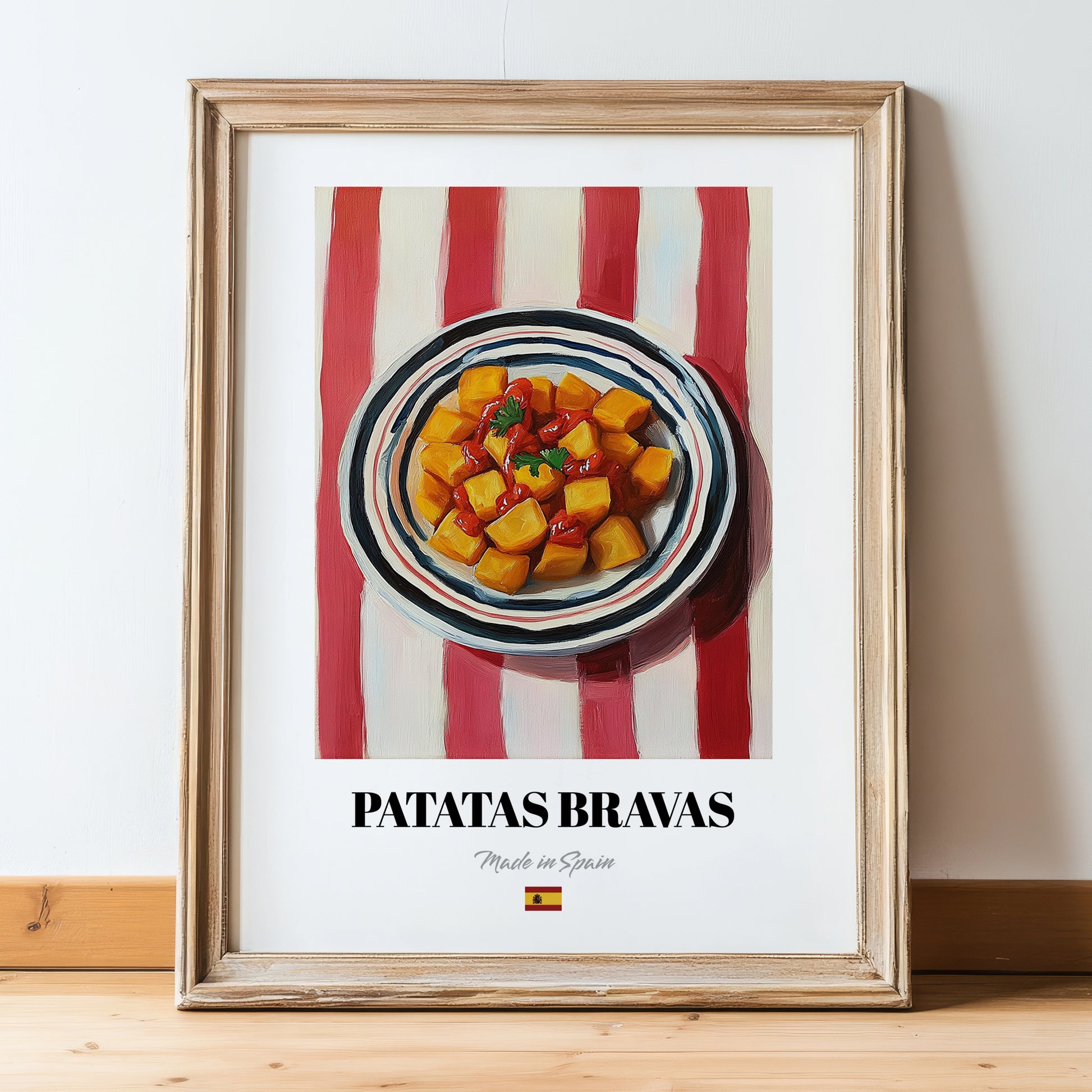 Patatas Bravas – on Striped Tablecloth, Spanish Food Wall Art, in wooden frame leaning on the floor