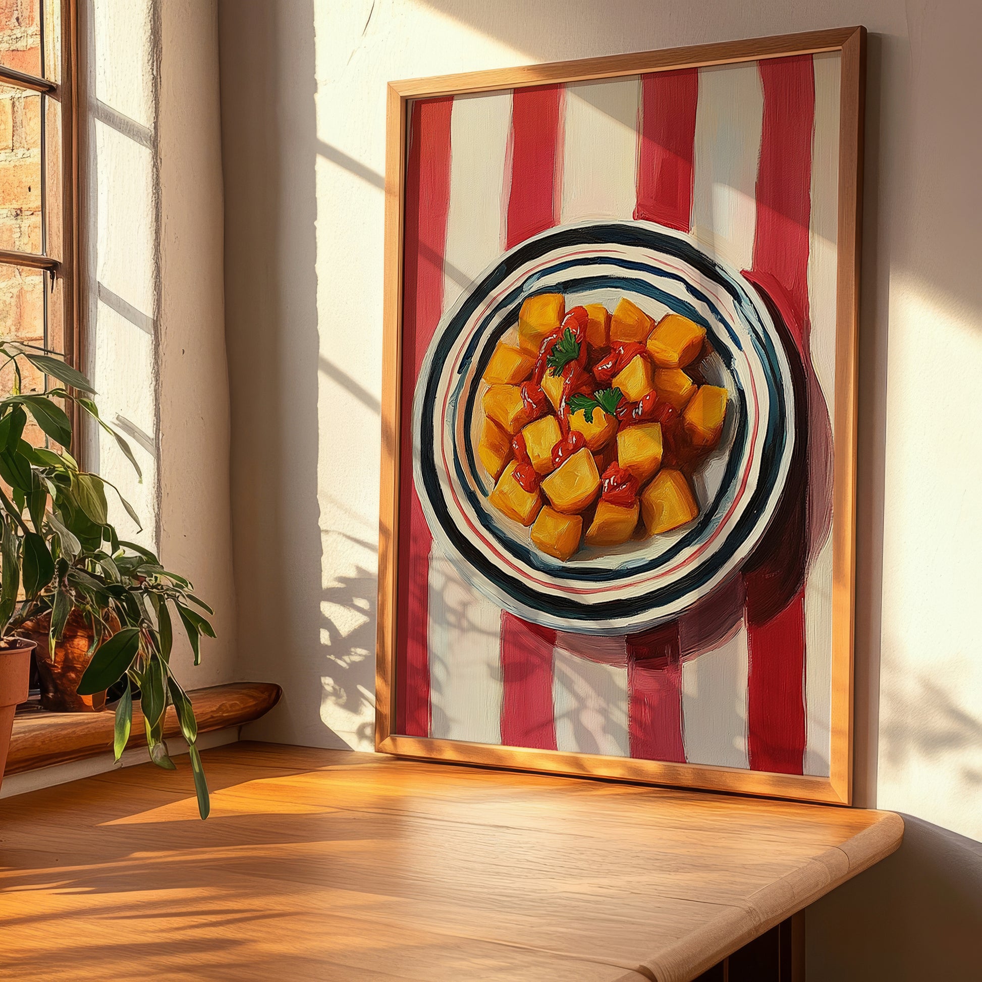 Patatas Bravas – on Striped Tablecloth, Spanish Food Wall Art, clean layout with no caption