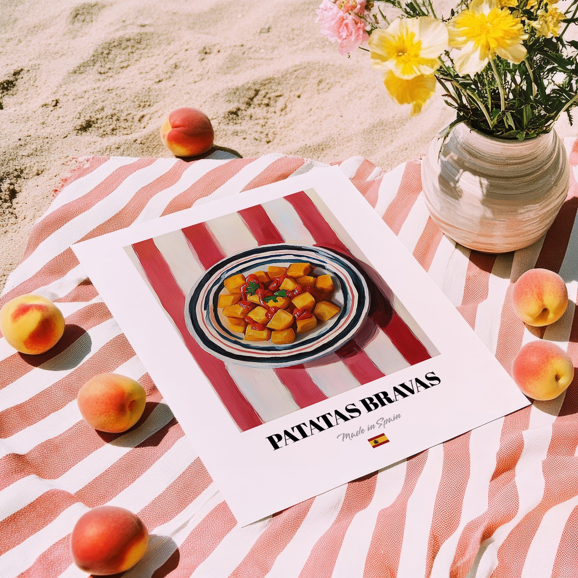 Patatas Bravas – on Striped Tablecloth, Spanish Food Wall Art, unframed on coastal sand