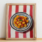 Patatas Bravas – on Striped Tablecloth, Spanish Food Wall Art, no-text version framed in wood