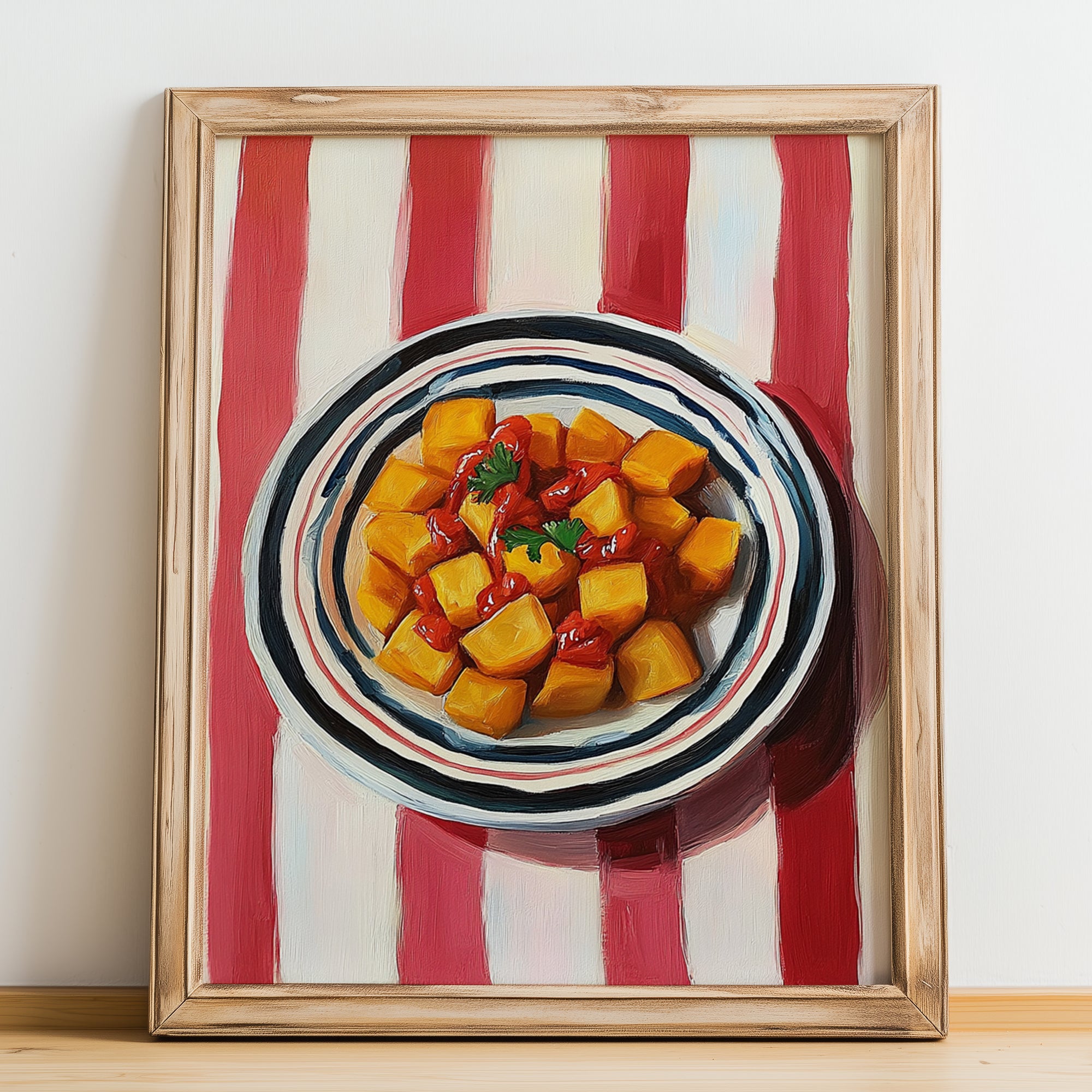 Patatas Bravas – on Striped Tablecloth, Spanish Food Wall Art, no-text version framed in wood