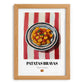 Patatas Bravas – on Striped Tablecloth, Spanish Food Wall Art, set in oak frame