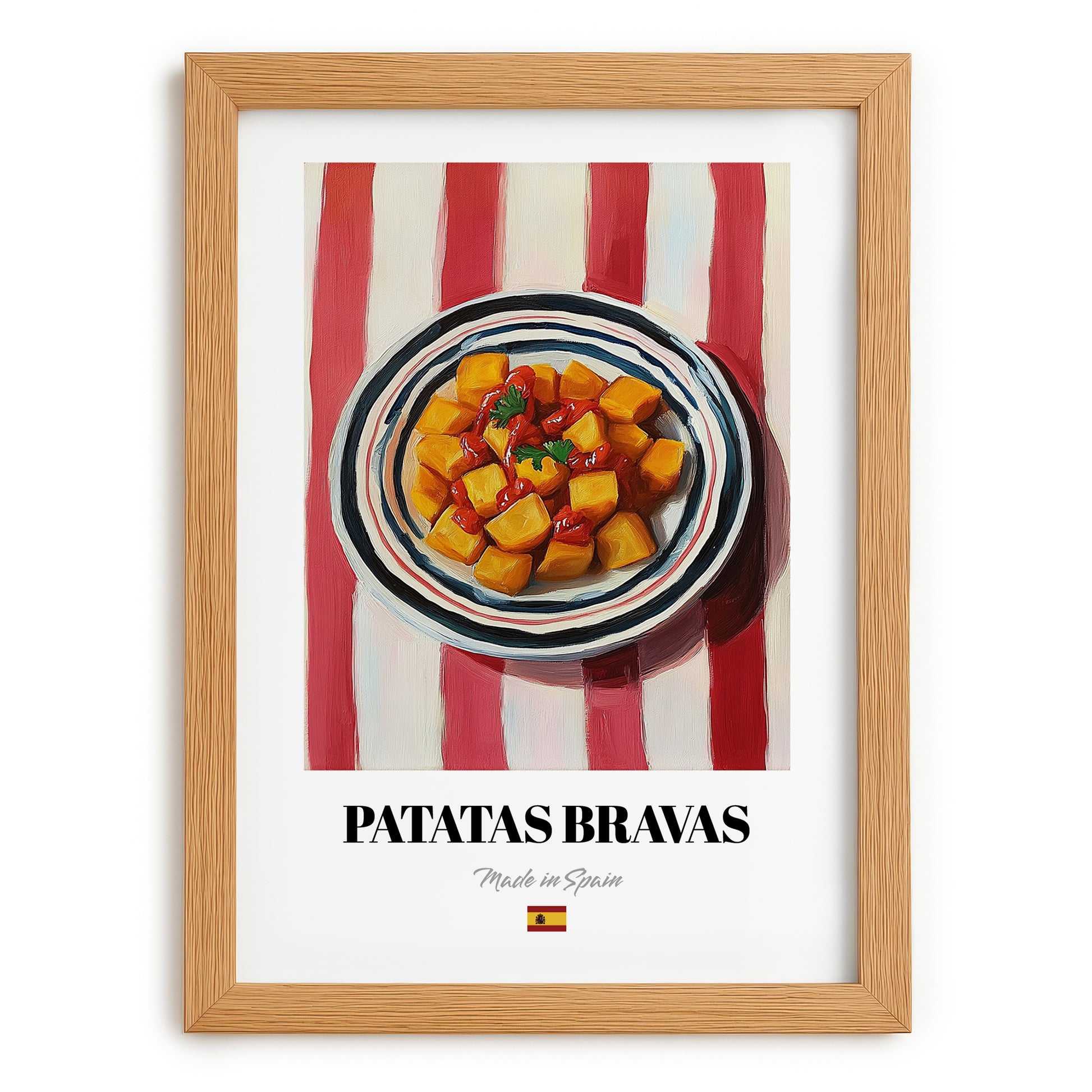 Patatas Bravas – on Striped Tablecloth, Spanish Food Wall Art, set in oak frame