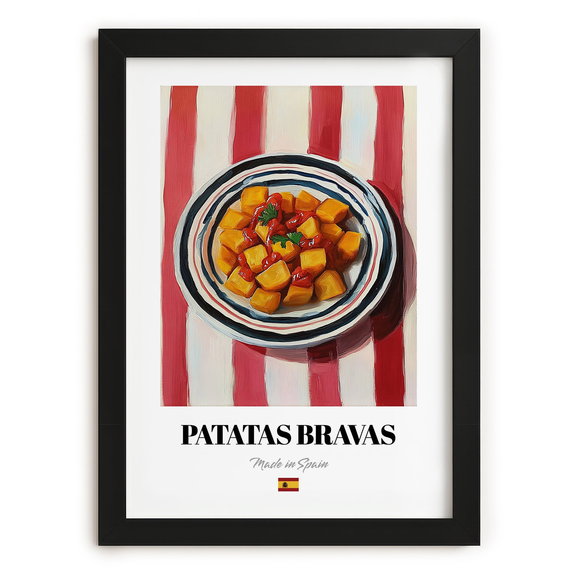 Patatas Bravas – on Striped Tablecloth, Spanish Food Wall Art, in sleek black frame