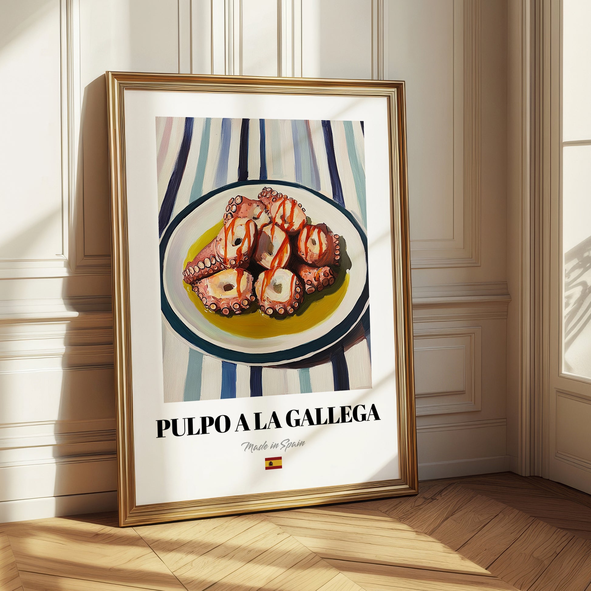 Pulpo a la Gallega – on Striped Tablecloth, Spanish Food Illustration